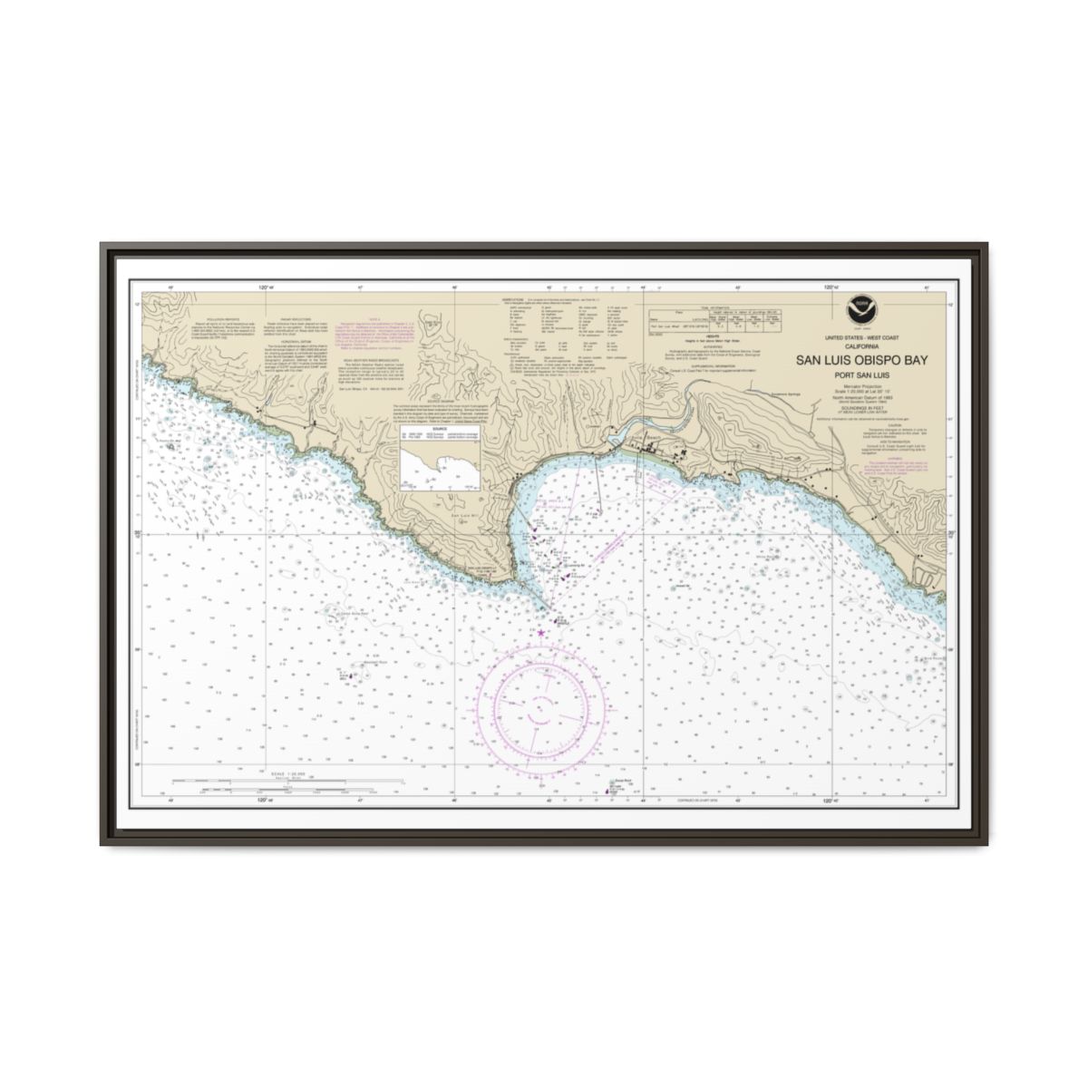 Chart 18704 San Luis Obispo Bay, Port San Luis - NOAA Nautical Chart Floating Frame Canvas | 30" x 20" | 36" x 24" | 48" x 32" - Espresso front