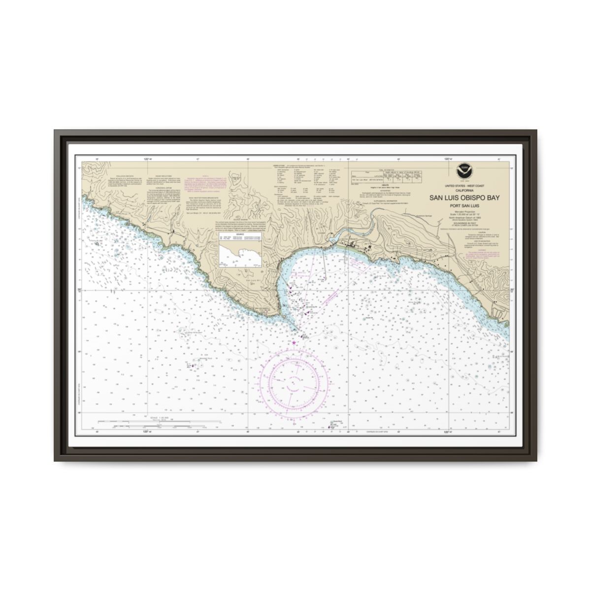 Chart 18704 San Luis Obispo Bay, Port San Luis - NOAA Nautical Chart Floating Frame Canvas | 30" x 20" | 36" x 24" | 48" x 32" - Espresso front
