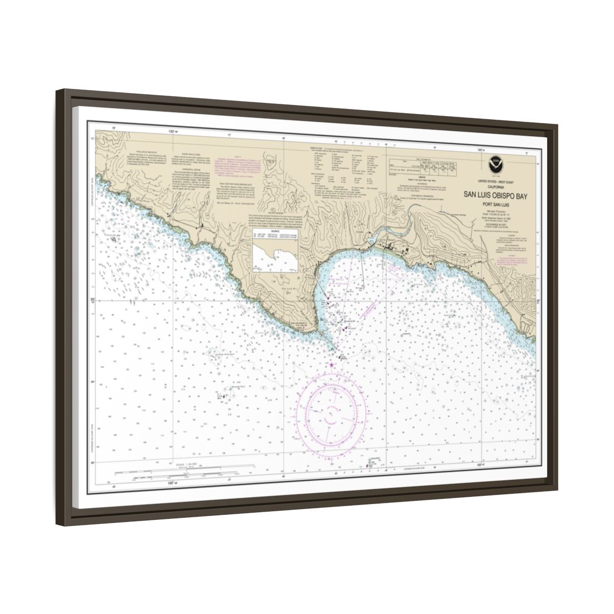 Chart 18704 San Luis Obispo Bay, Port San Luis - NOAA Nautical Chart Floating Frame Canvas | 30" x 20" | 36" x 24" | 48" x 32" - Espresso side