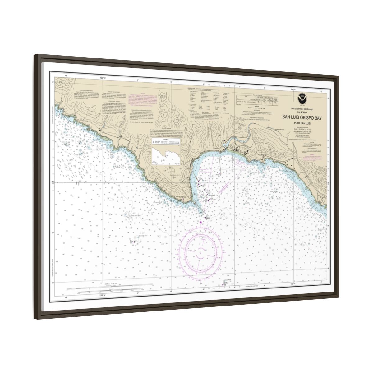 Chart 18704 San Luis Obispo Bay, Port San Luis - NOAA Nautical Chart Floating Frame Canvas | 30" x 20" | 36" x 24" | 48" x 32" - Espresso side