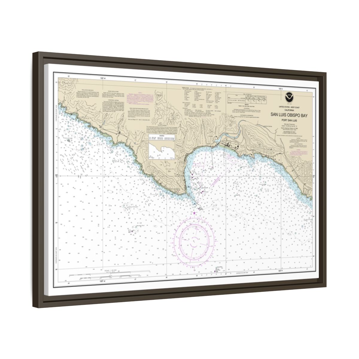 Chart 18704 San Luis Obispo Bay, Port San Luis - NOAA Nautical Chart Floating Frame Canvas | 30" x 20" | 36" x 24" | 48" x 32" - Espresso side