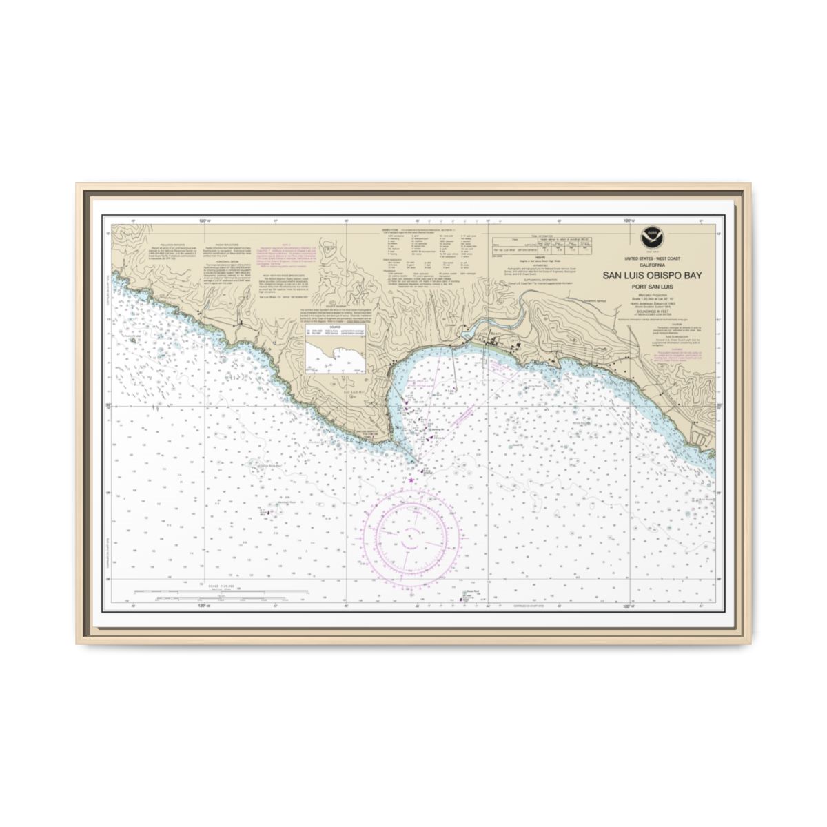 Chart 18704 San Luis Obispo Bay, Port San Luis - NOAA Nautical Chart Floating Frame Canvas | 30" x 20" | 36" x 24" | 48" x 32" - Natural front
