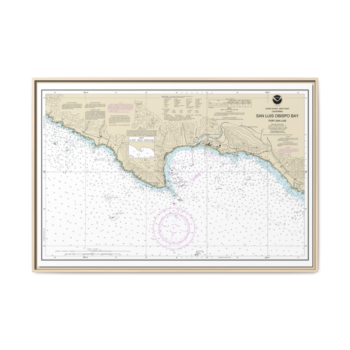 Chart 18704 San Luis Obispo Bay, Port San Luis - NOAA Nautical Chart Floating Frame Canvas | 30" x 20" | 36" x 24" | 48" x 32" - Natural front