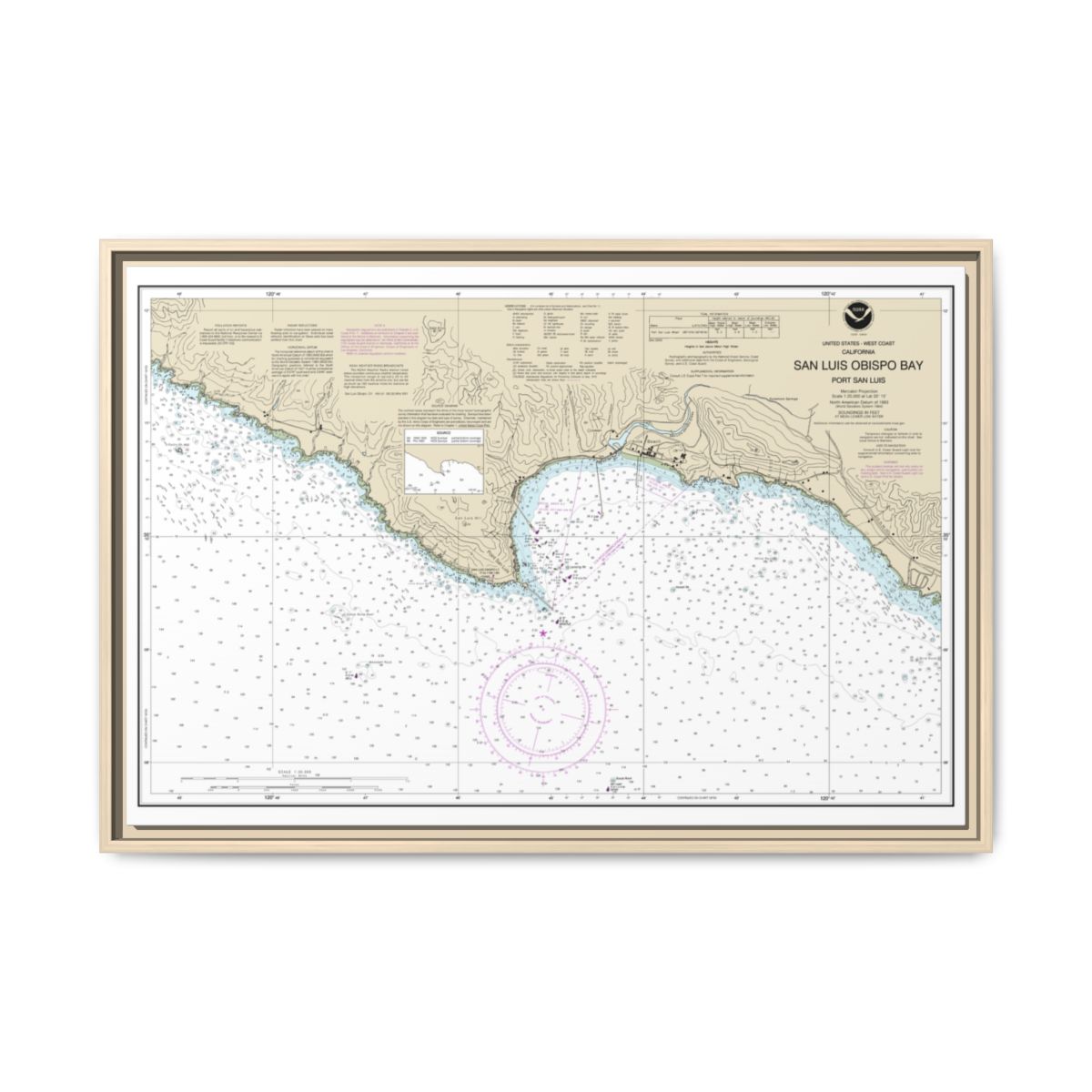 Chart 18704 San Luis Obispo Bay, Port San Luis - NOAA Nautical Chart Floating Frame Canvas | 30" x 20" | 36" x 24" | 48" x 32" - Natural front