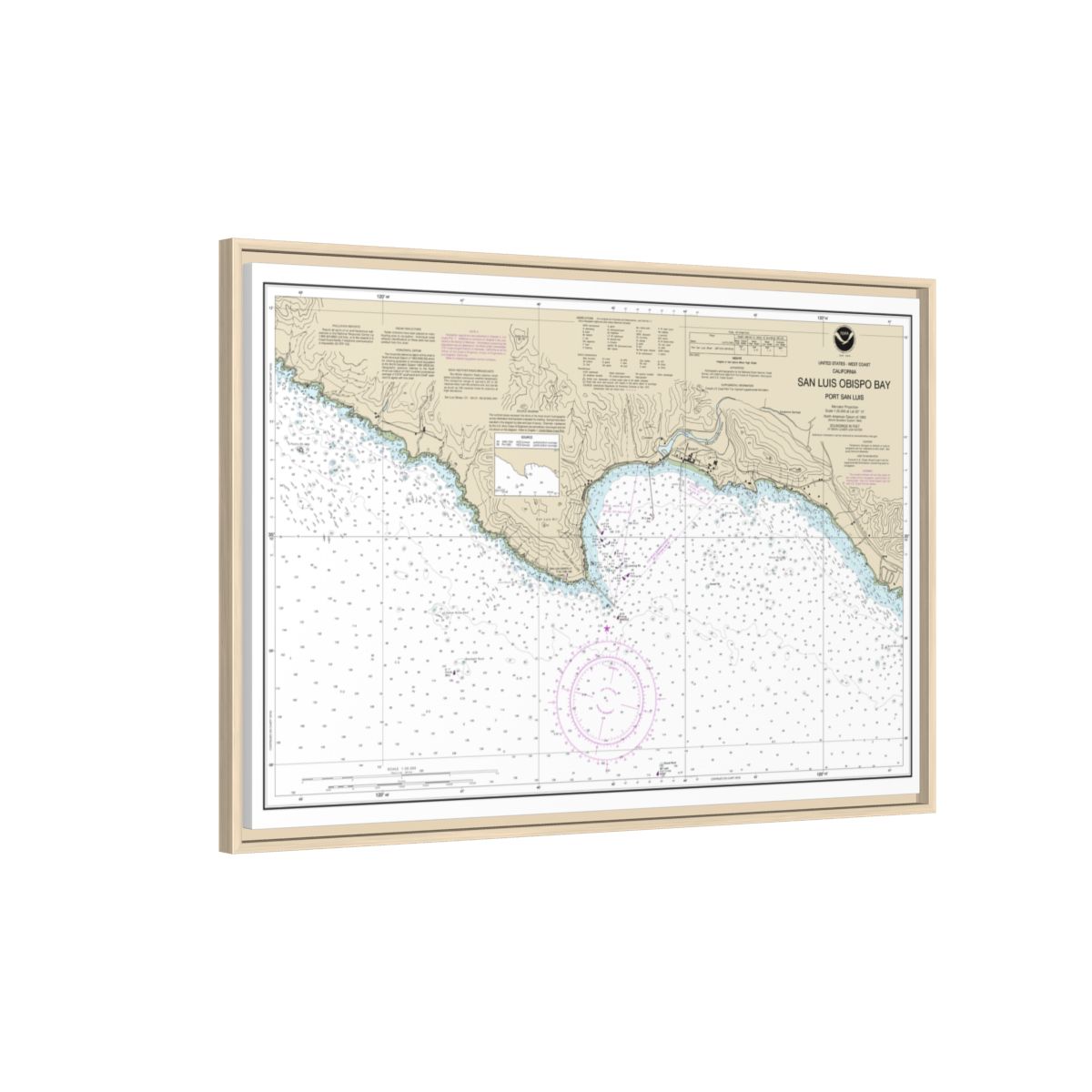 Chart 18704 San Luis Obispo Bay, Port San Luis - NOAA Nautical Chart Floating Frame Canvas | 30" x 20" | 36" x 24" | 48" x 32" - Natural side