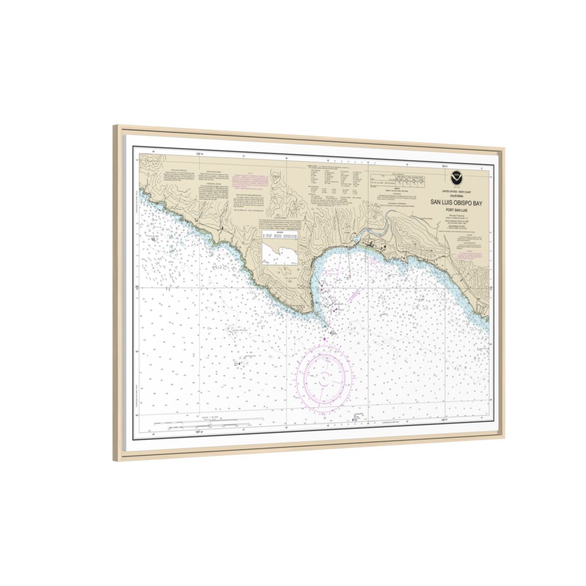 Chart 18704 San Luis Obispo Bay, Port San Luis - NOAA Nautical Chart Floating Frame Canvas | 30" x 20" | 36" x 24" | 48" x 32" - Natural side