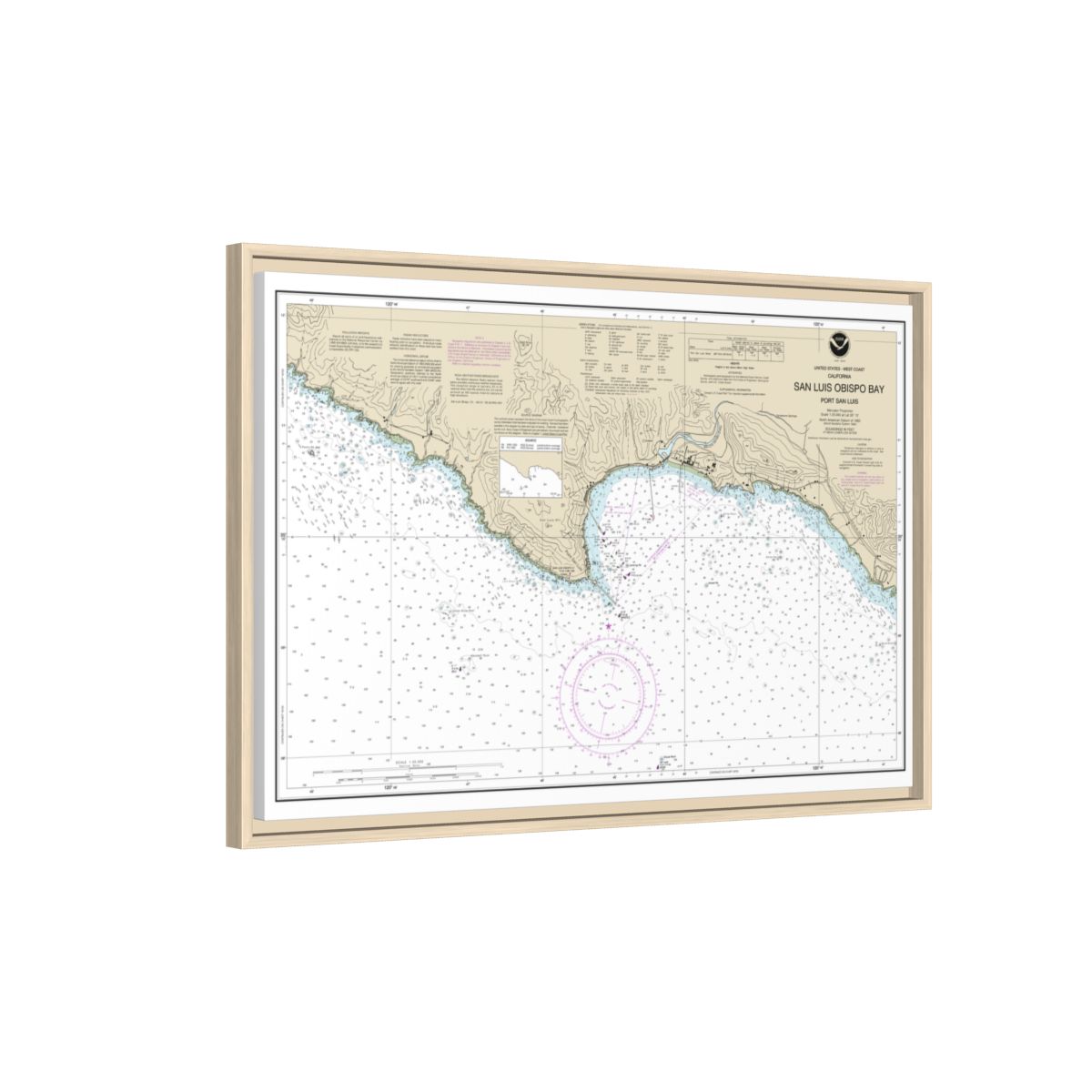 Chart 18704 San Luis Obispo Bay, Port San Luis - NOAA Nautical Chart Floating Frame Canvas | 30" x 20" | 36" x 24" | 48" x 32" - Natural side