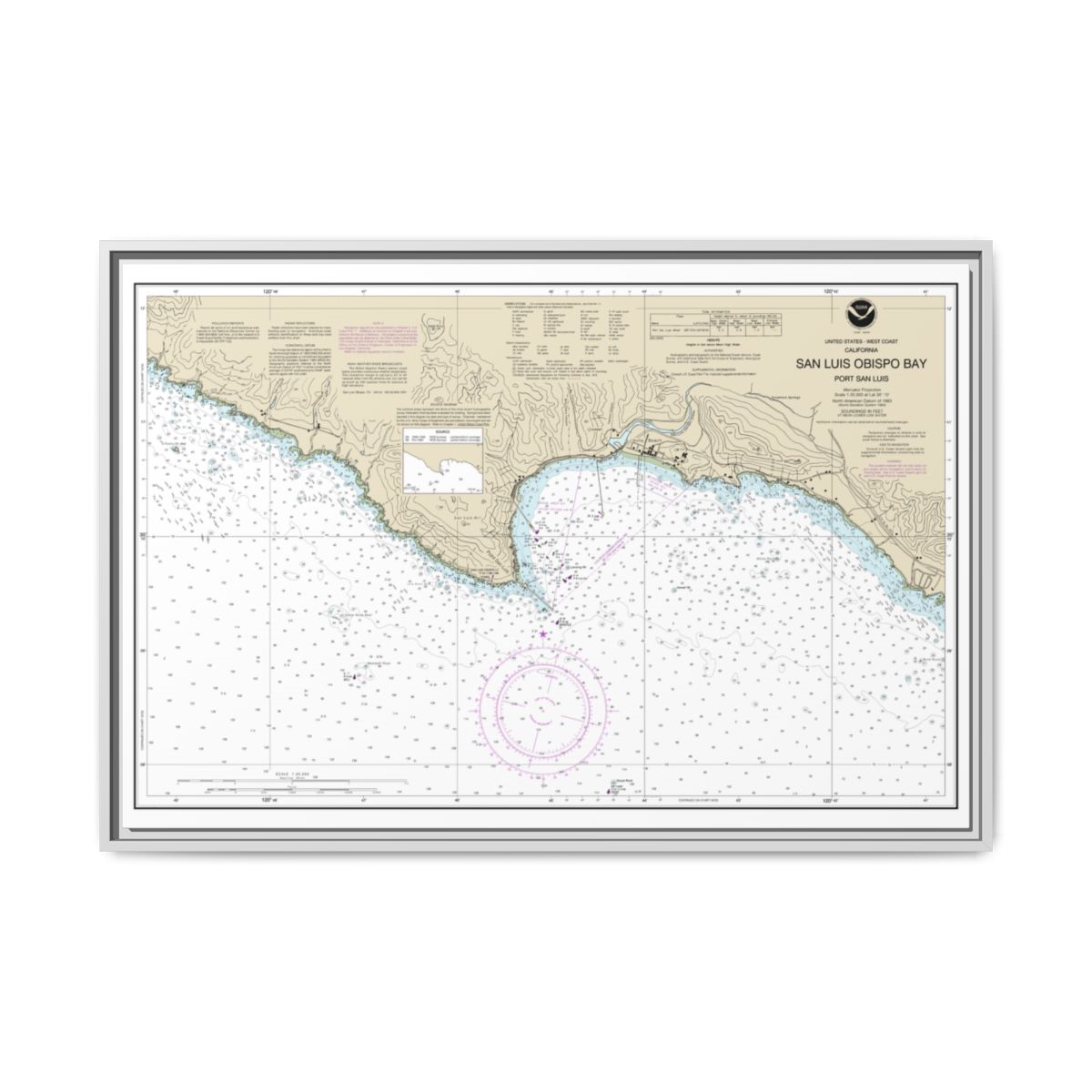 Chart 18704 San Luis Obispo Bay, Port San Luis - NOAA Nautical Chart Floating Frame Canvas | 30" x 20" | 36" x 24" | 48" x 32" - White front