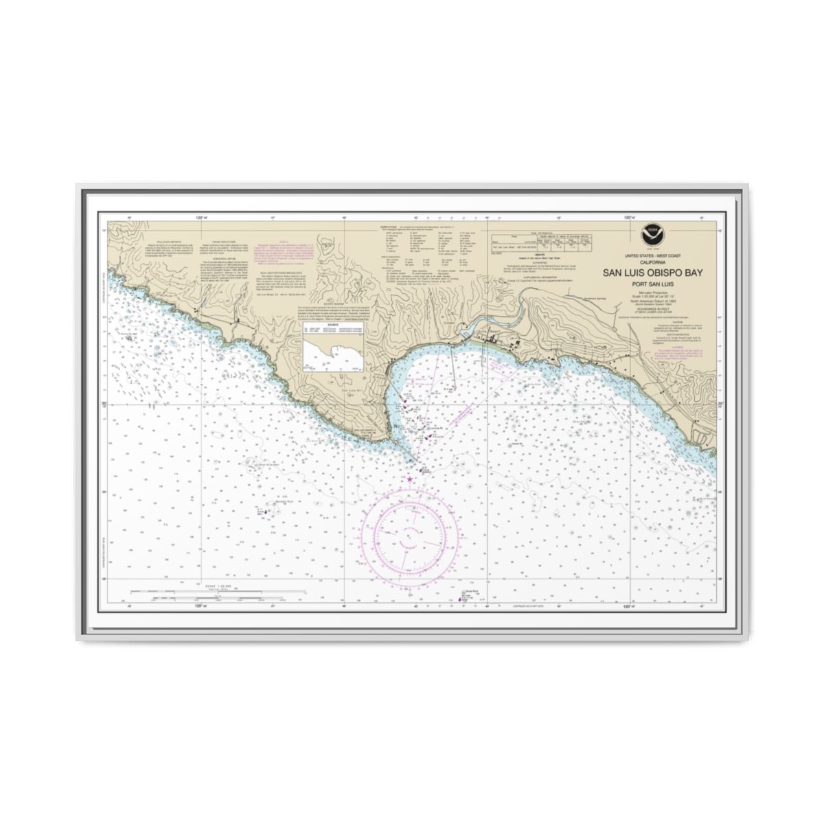 Chart 18704 San Luis Obispo Bay, Port San Luis - NOAA Nautical Chart Floating Frame Canvas | 30" x 20" | 36" x 24" | 48" x 32" - White front