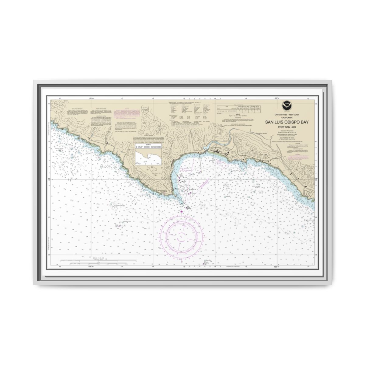 Chart 18704 San Luis Obispo Bay, Port San Luis - NOAA Nautical Chart Floating Frame Canvas | 30" x 20" | 36" x 24" | 48" x 32" - White front