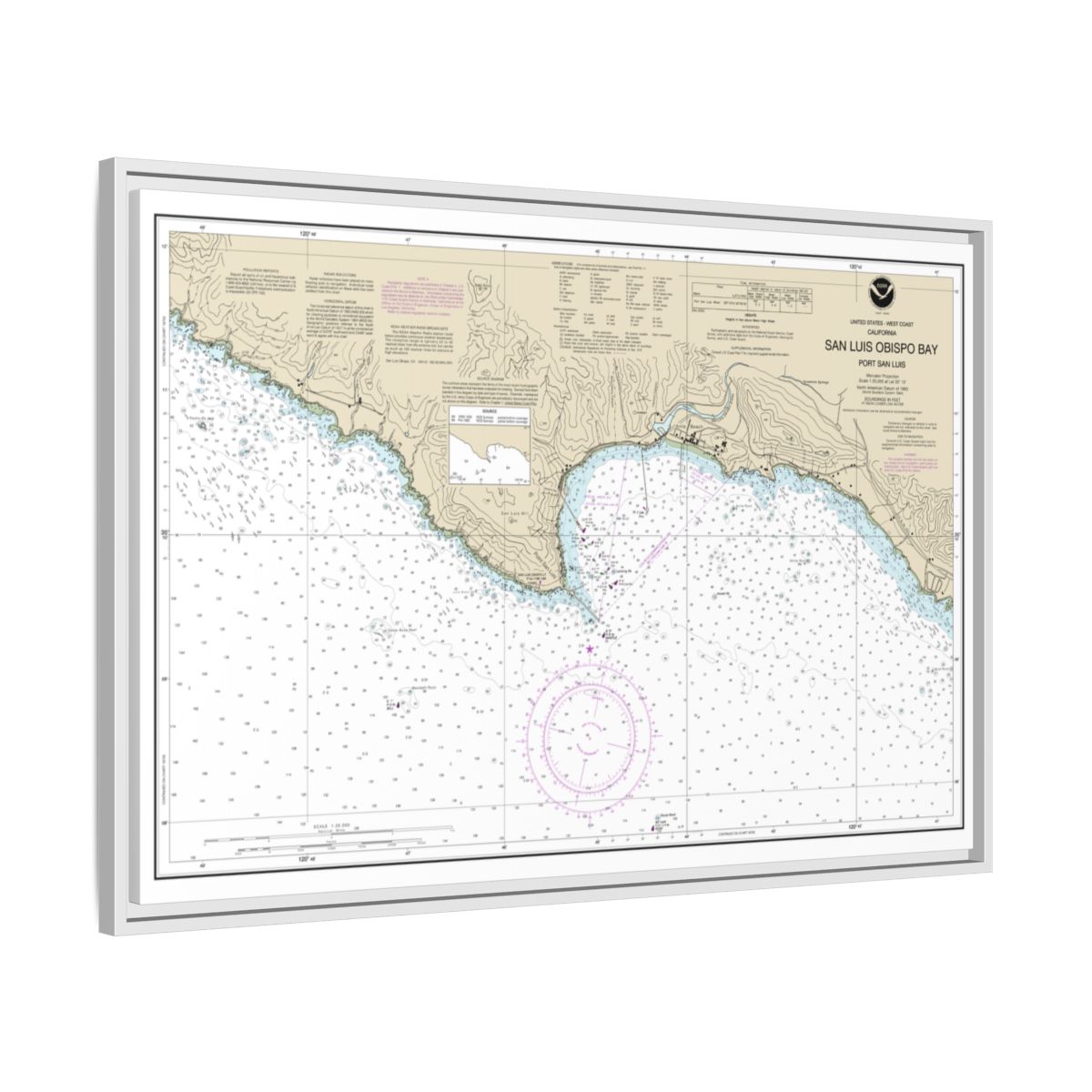 Chart 18704 San Luis Obispo Bay, Port San Luis - NOAA Nautical Chart Floating Frame Canvas | 30" x 20" | 36" x 24" | 48" x 32" - White side