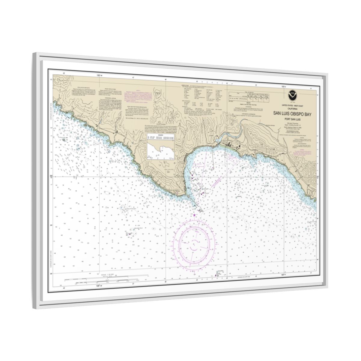 Chart 18704 San Luis Obispo Bay, Port San Luis - NOAA Nautical Chart Floating Frame Canvas | 30" x 20" | 36" x 24" | 48" x 32" - White side