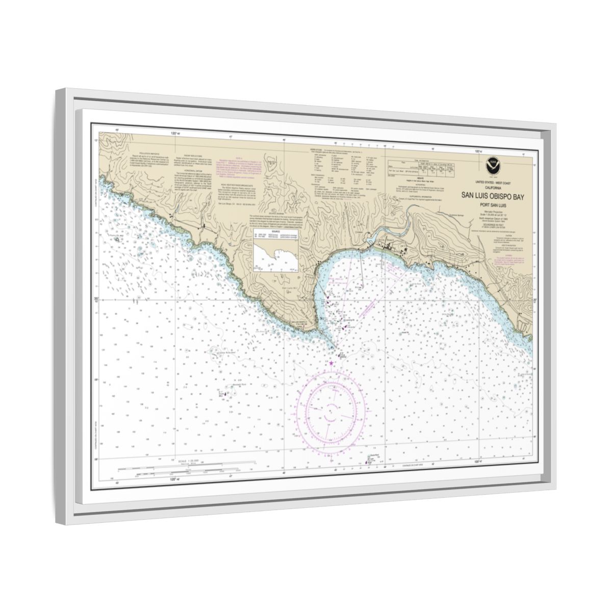 Chart 18704 San Luis Obispo Bay, Port San Luis - NOAA Nautical Chart Floating Frame Canvas | 30" x 20" | 36" x 24" | 48" x 32" - White side