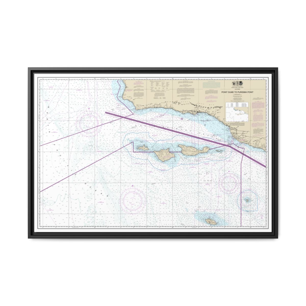 Chart 18720 Point Dume to Purisma Point - NOAA Nautical Chart Floating Frame Canvas | 30" x 20" | 36" x 24" | 48" x 32" - Black front
