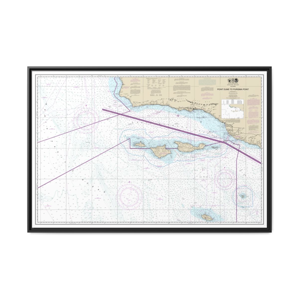 Chart 18720 Point Dume to Purisma Point - NOAA Nautical Chart Floating Frame Canvas | 30" x 20" | 36" x 24" | 48" x 32" - Black front