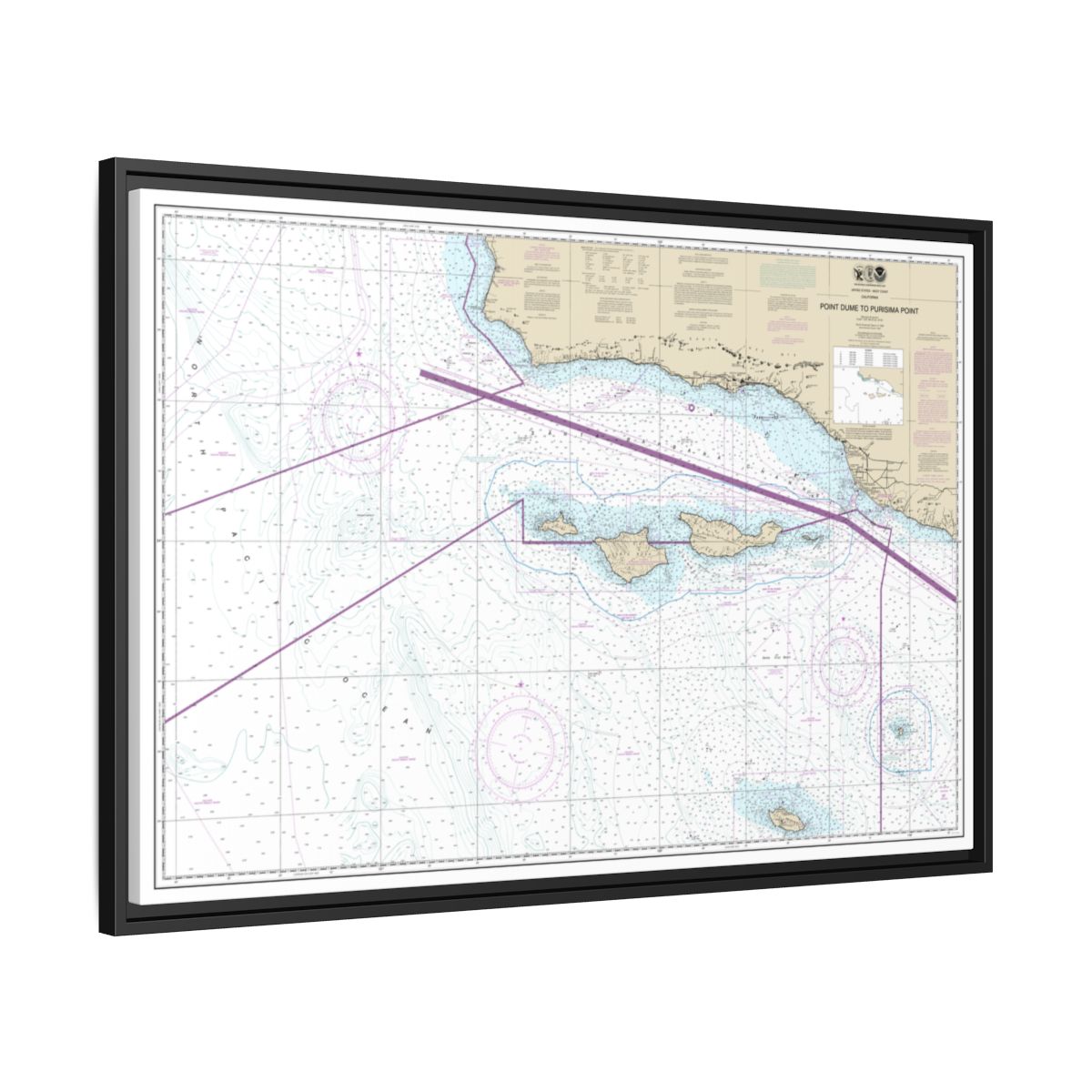 Chart 18720 Point Dume to Purisma Point - NOAA Nautical Chart Floating Frame Canvas | 30" x 20" | 36" x 24" | 48" x 32" - Black side