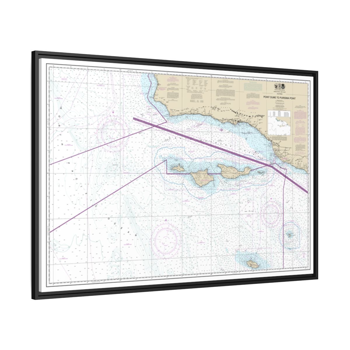 Chart 18720 Point Dume to Purisma Point - NOAA Nautical Chart Floating Frame Canvas | 30" x 20" | 36" x 24" | 48" x 32" - Black side