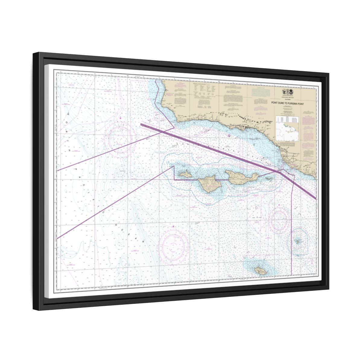 Chart 18720 Point Dume to Purisma Point - NOAA Nautical Chart Floating Frame Canvas | 30" x 20" | 36" x 24" | 48" x 32" - Black side