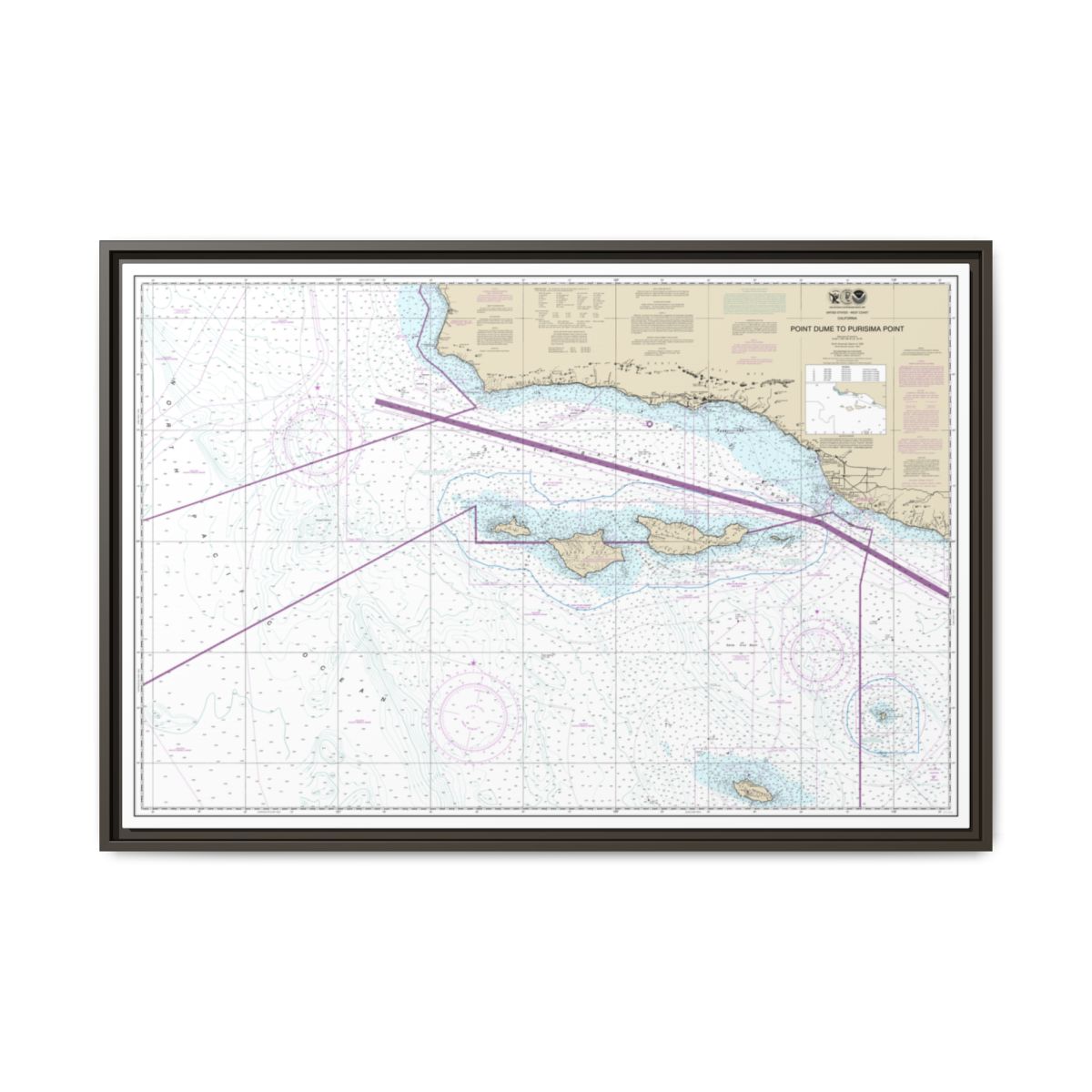 Chart 18720 Point Dume to Purisma Point - NOAA Nautical Chart Floating Frame Canvas | 30" x 20" | 36" x 24" | 48" x 32" - Espresso front