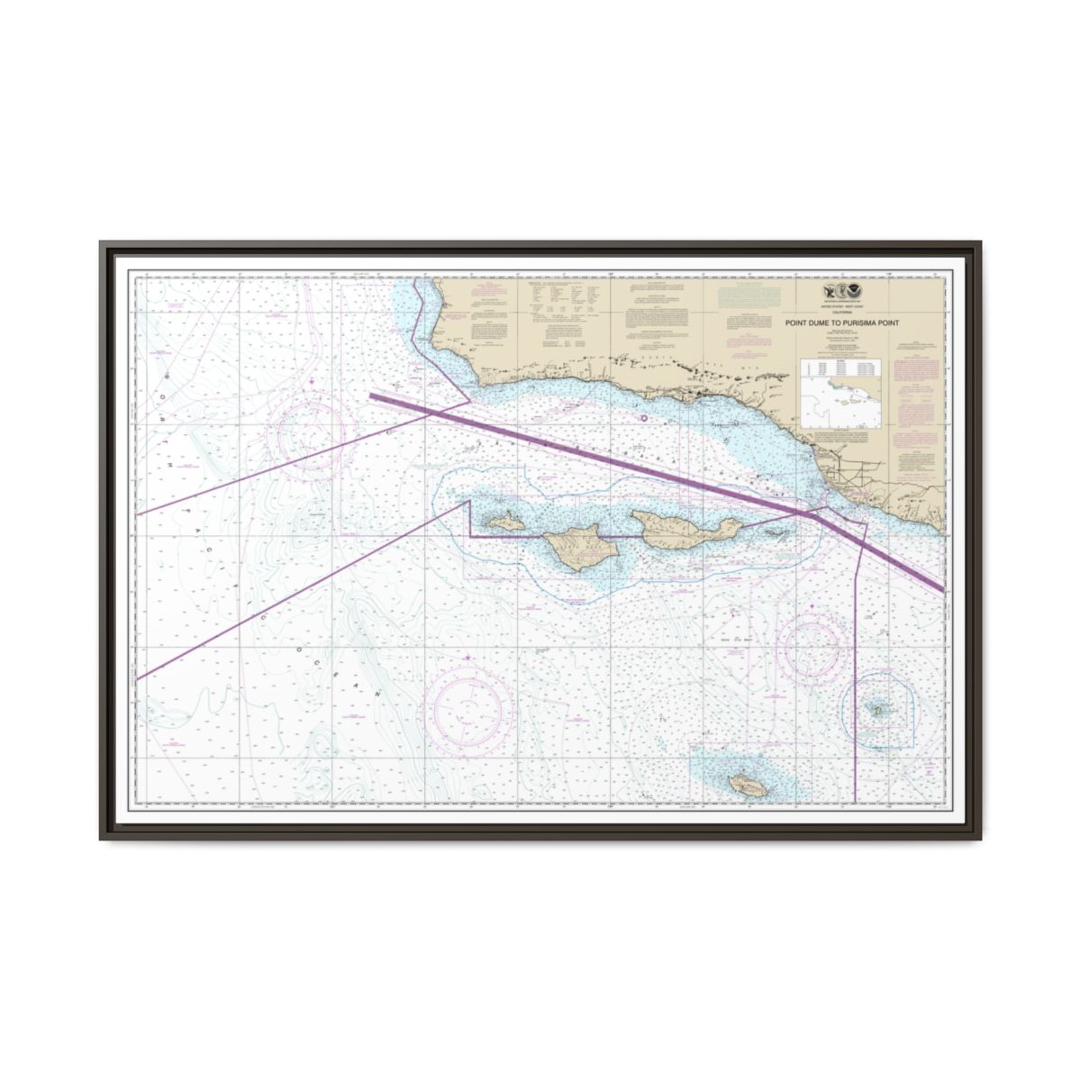 Chart 18720 Point Dume to Purisma Point - NOAA Nautical Chart Floating Frame Canvas | 30" x 20" | 36" x 24" | 48" x 32" - Espresso front