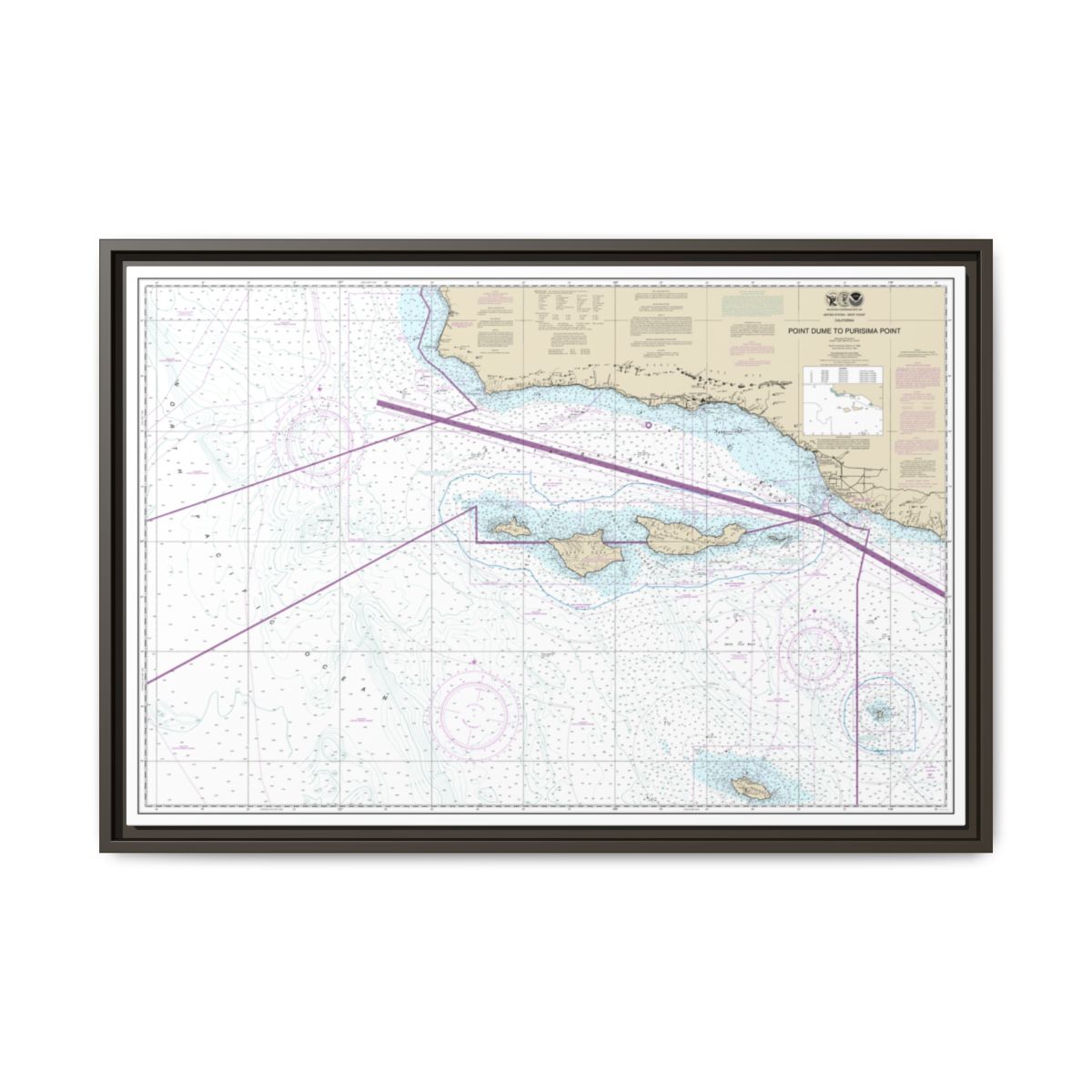 Chart 18720 Point Dume to Purisma Point - NOAA Nautical Chart Floating Frame Canvas | 30" x 20" | 36" x 24" | 48" x 32" - Espresso front