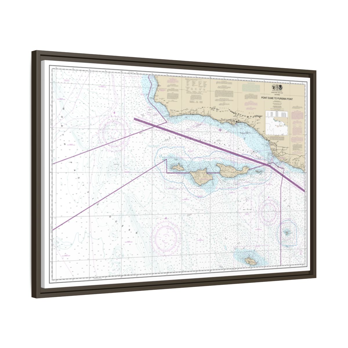 Chart 18720 Point Dume to Purisma Point - NOAA Nautical Chart Floating Frame Canvas | 30" x 20" | 36" x 24" | 48" x 32" - Espresso side