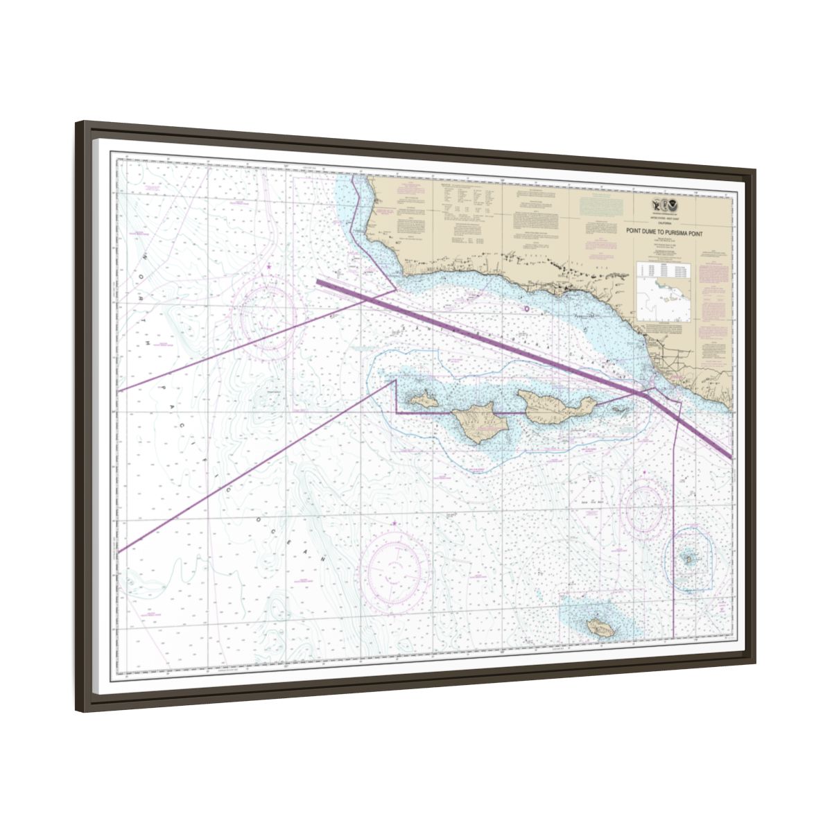 Chart 18720 Point Dume to Purisma Point - NOAA Nautical Chart Floating Frame Canvas | 30" x 20" | 36" x 24" | 48" x 32" - Espresso side