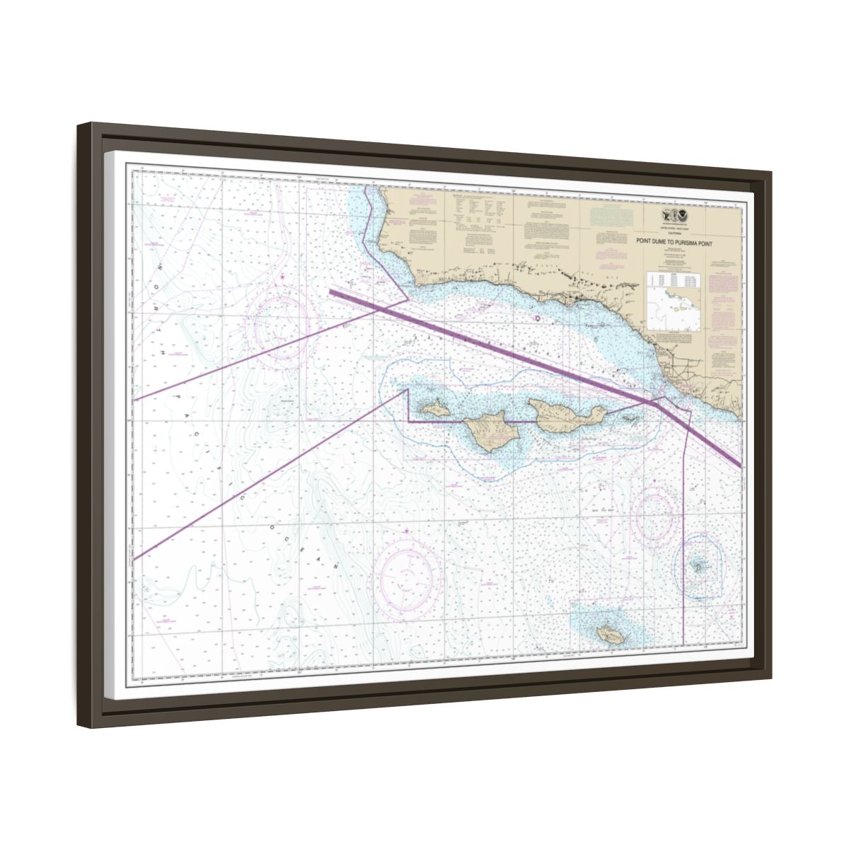 Chart 18720 Point Dume to Purisma Point - NOAA Nautical Chart Floating Frame Canvas | 30" x 20" | 36" x 24" | 48" x 32" - Espresso side