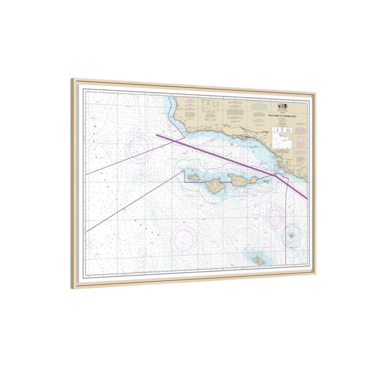 Chart 18720 Point Dume to Purisma Point - NOAA Nautical Chart Floating Frame Canvas | 30" x 20" | 36" x 24" | 48" x 32" - Natural side