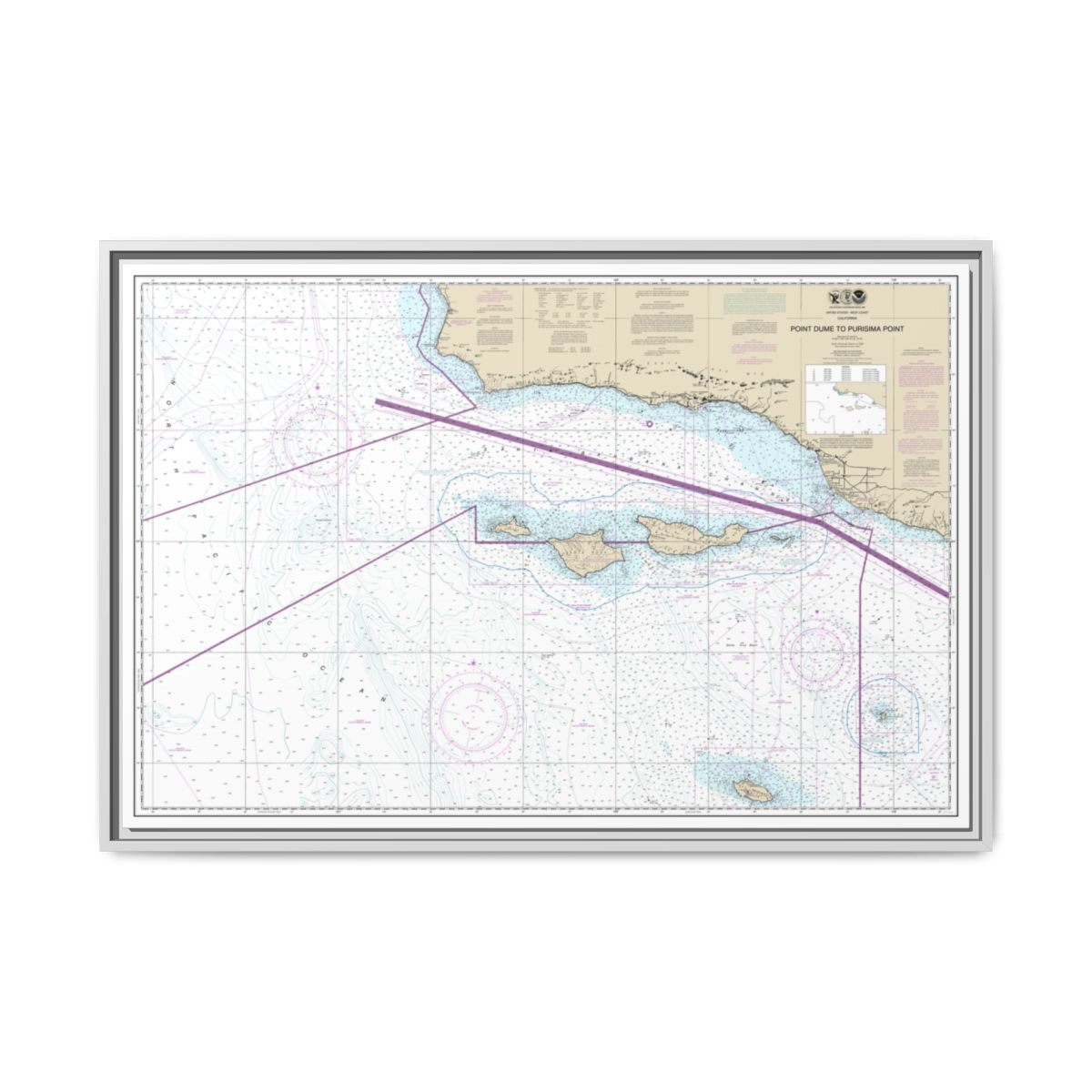 Chart 18720 Point Dume to Purisma Point - NOAA Nautical Chart Floating Frame Canvas | 30" x 20" | 36" x 24" | 48" x 32" - White front