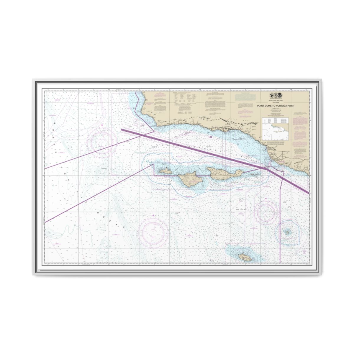 Chart 18720 Point Dume to Purisma Point - NOAA Nautical Chart Floating Frame Canvas | 30" x 20" | 36" x 24" | 48" x 32" - White front