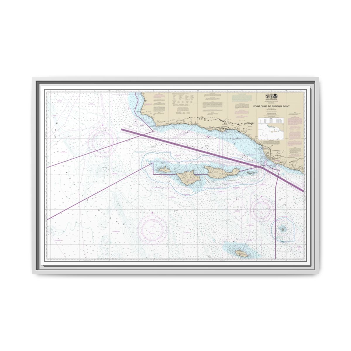 Chart 18720 Point Dume to Purisma Point - NOAA Nautical Chart Floating Frame Canvas | 30" x 20" | 36" x 24" | 48" x 32" - White front