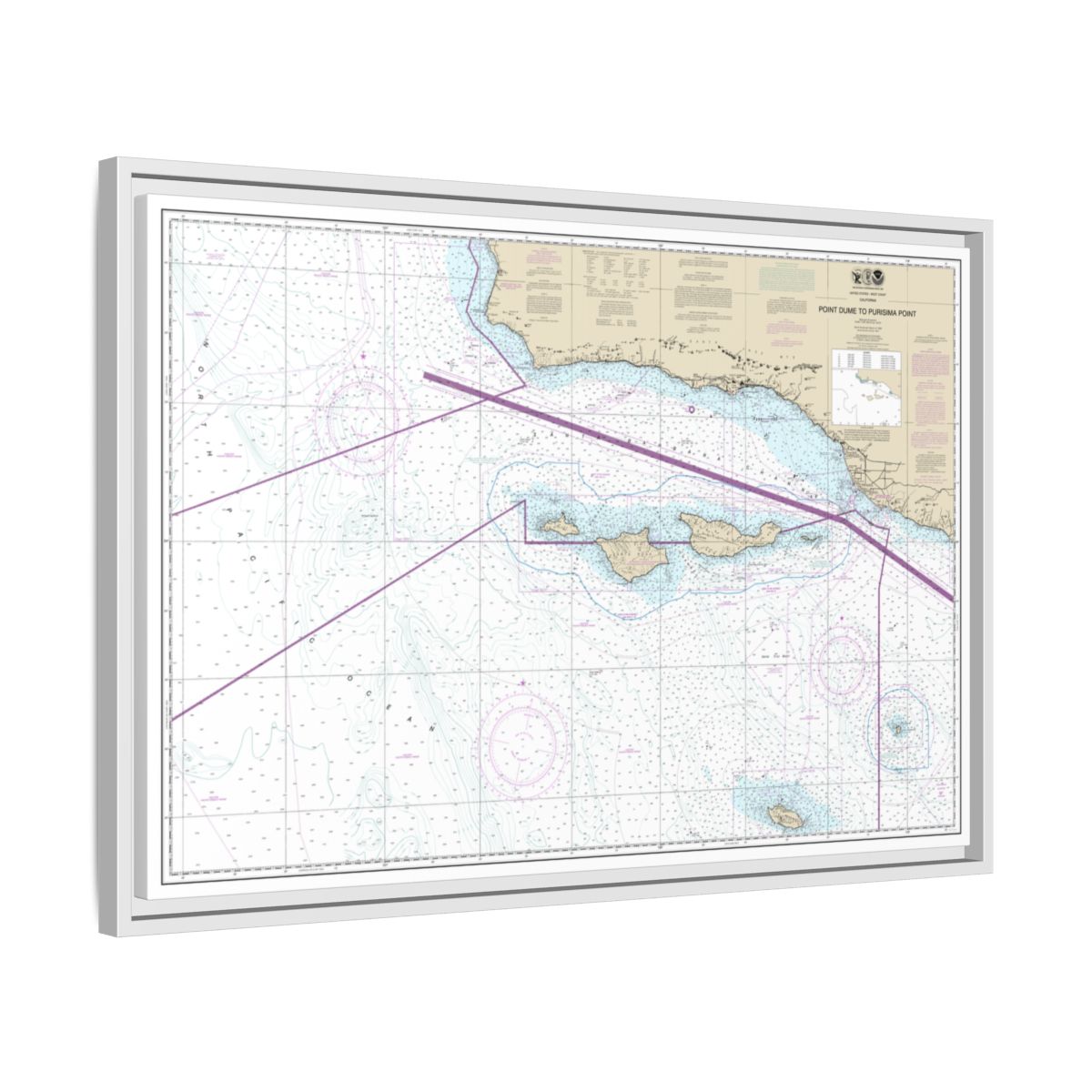 Chart 18720 Point Dume to Purisma Point - NOAA Nautical Chart Floating Frame Canvas | 30" x 20" | 36" x 24" | 48" x 32" - White side