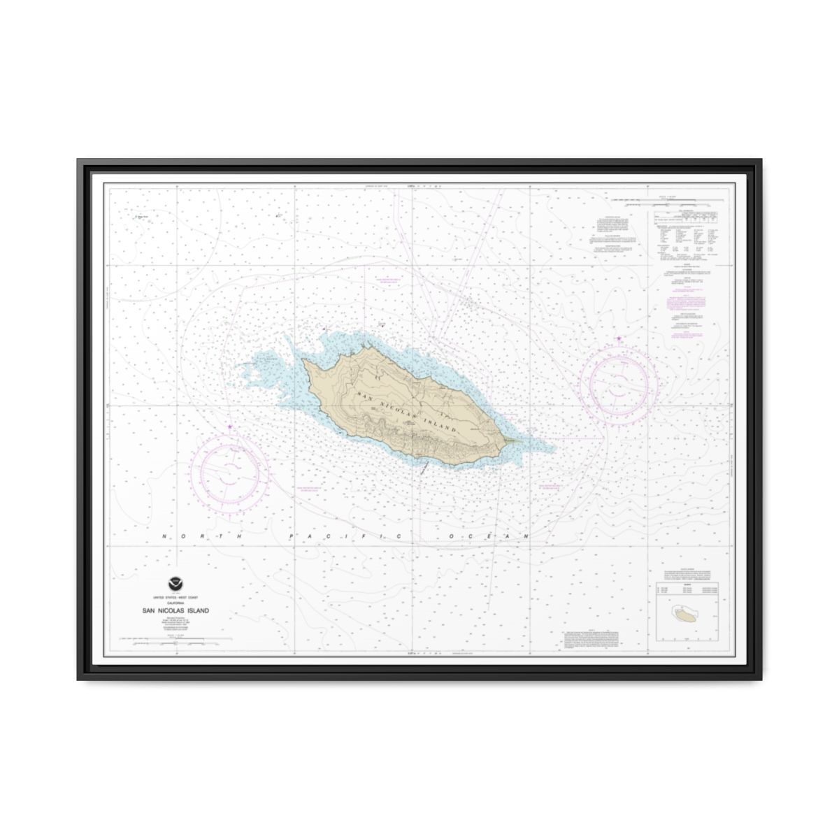 Chart 18755 San Nicolas Island - NOAA Nautical Chart Floating Frame Canvas | 32" x 24" | 40" x 30" - Black front