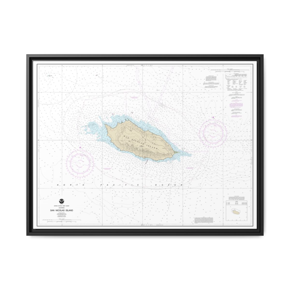 Chart 18755 San Nicolas Island - NOAA Nautical Chart Floating Frame Canvas | 32" x 24" | 40" x 30" - Black front