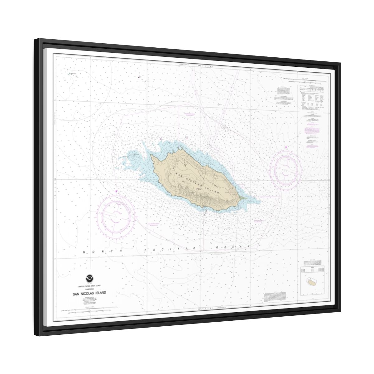 Chart 18755 San Nicolas Island - NOAA Nautical Chart Floating Frame Canvas | 32" x 24" | 40" x 30" - Black side
