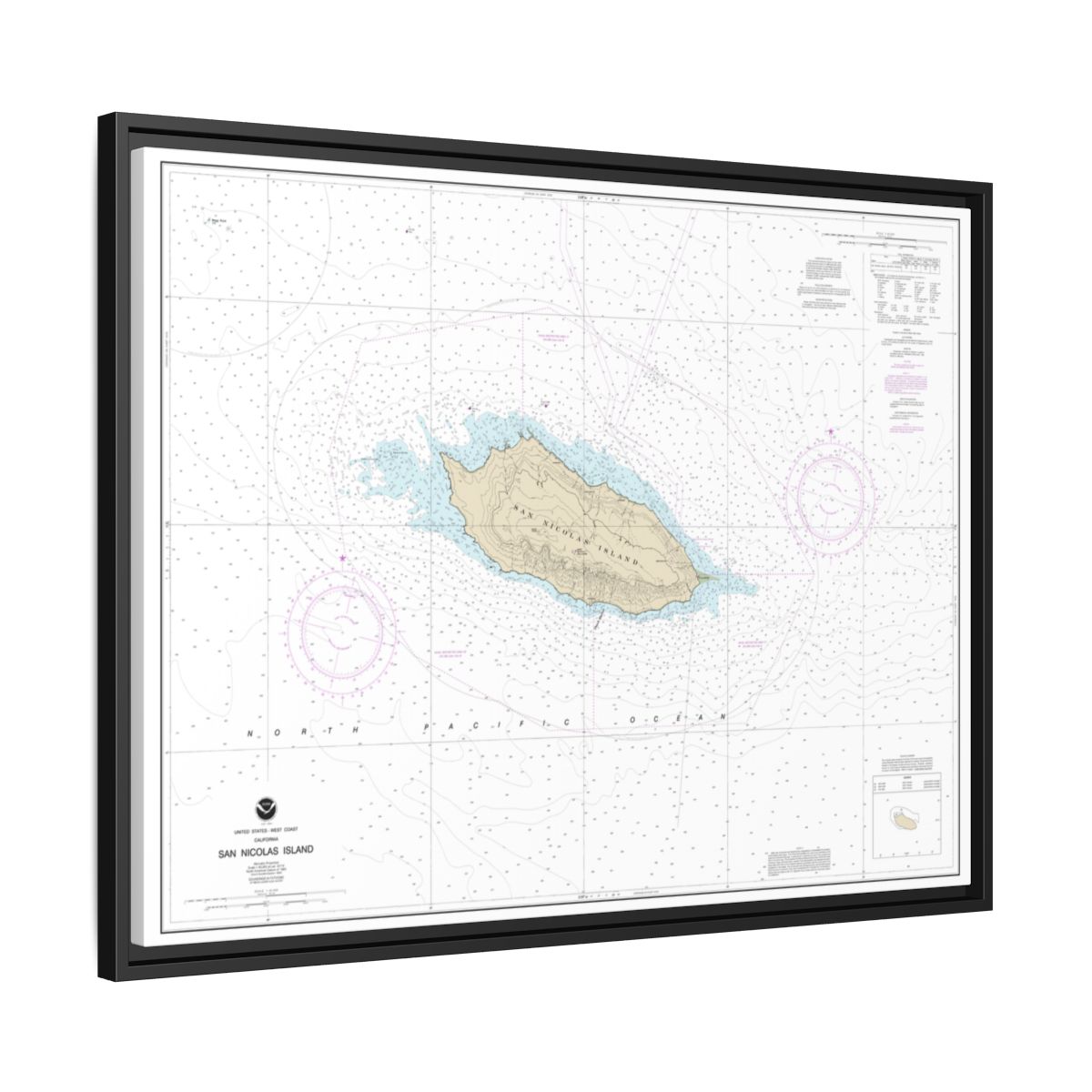 Chart 18755 San Nicolas Island - NOAA Nautical Chart Floating Frame Canvas | 32" x 24" | 40" x 30" - Black side