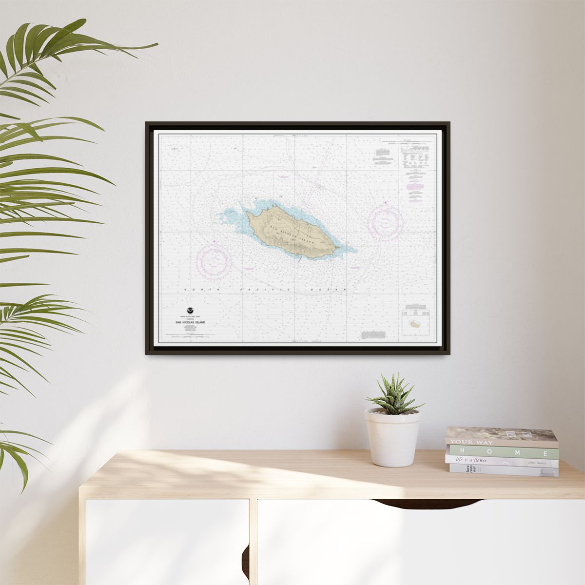 Chart 18755 San Nicolas Island - NOAA Nautical Chart Floating Frame Canvas | 32" x 24" | 40" x 30" - Espresso context-1