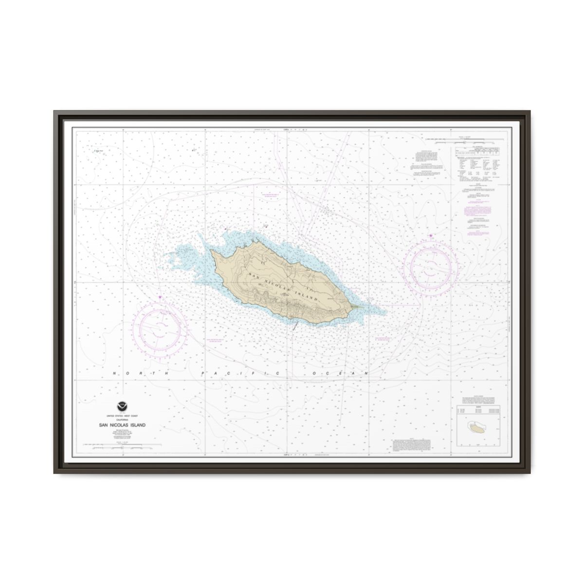 Chart 18755 San Nicolas Island - NOAA Nautical Chart Floating Frame Canvas | 32" x 24" | 40" x 30" - Espresso front