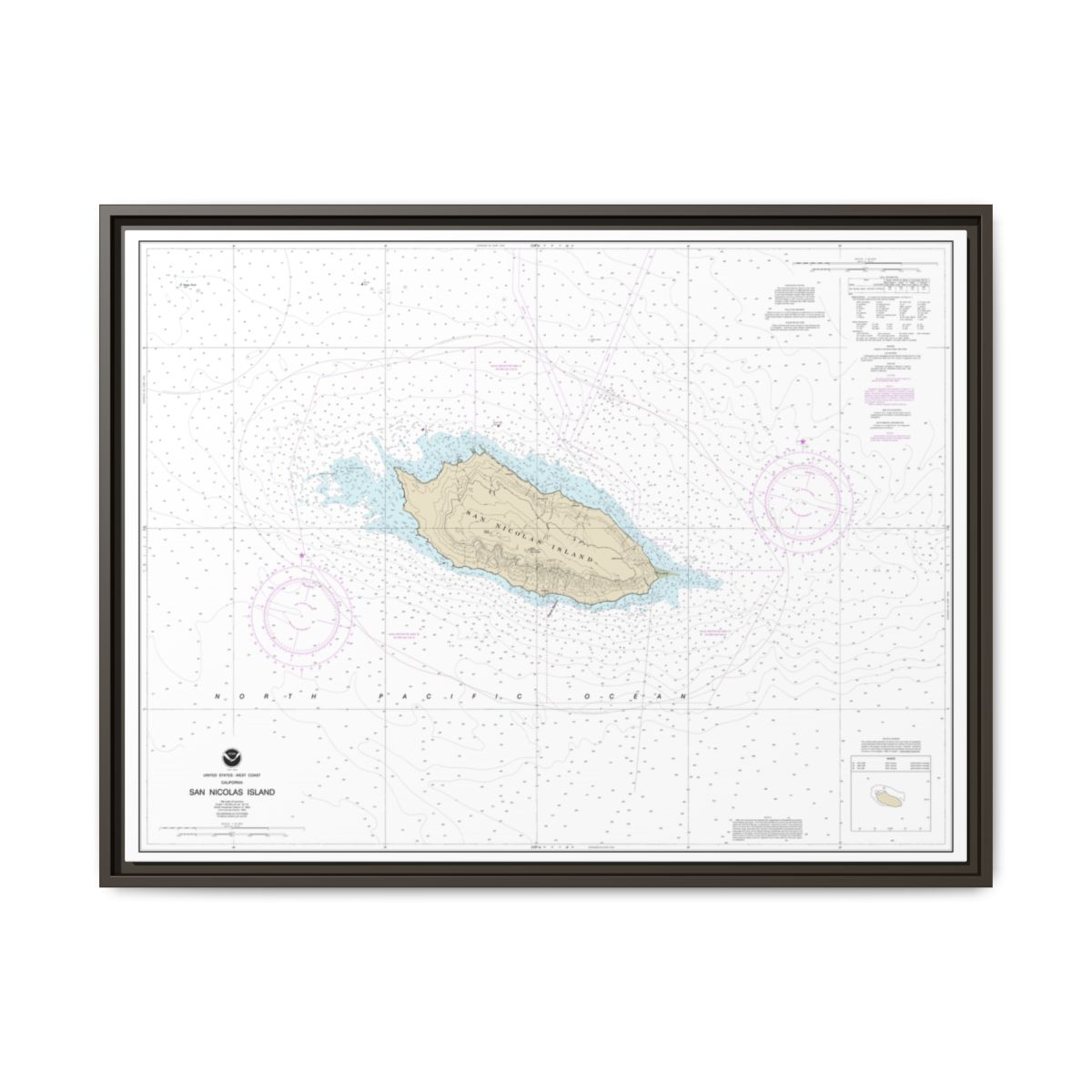 Chart 18755 San Nicolas Island - NOAA Nautical Chart Floating Frame Canvas | 32" x 24" | 40" x 30" - Espresso front