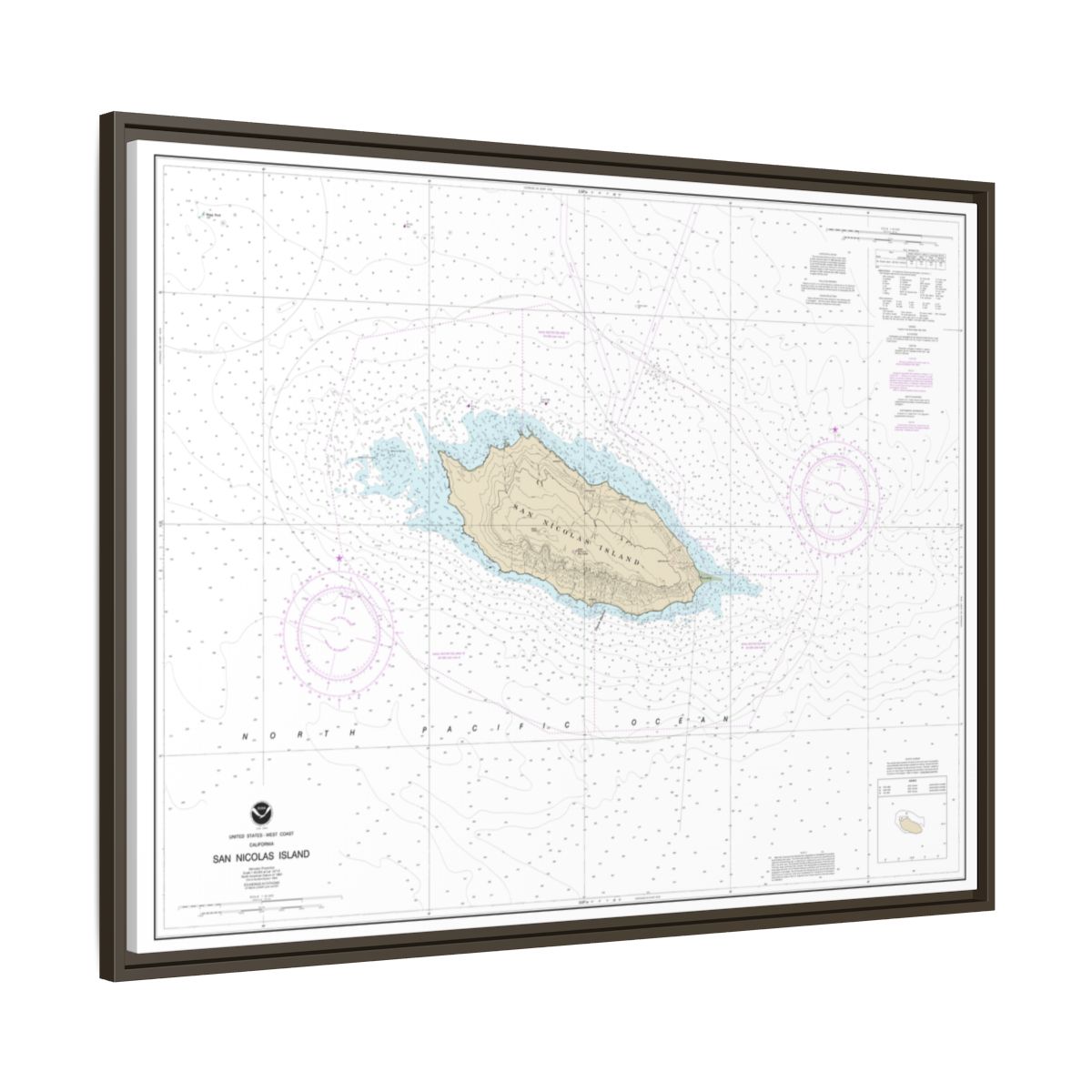 Chart 18755 San Nicolas Island - NOAA Nautical Chart Floating Frame Canvas | 32" x 24" | 40" x 30" - Espresso side