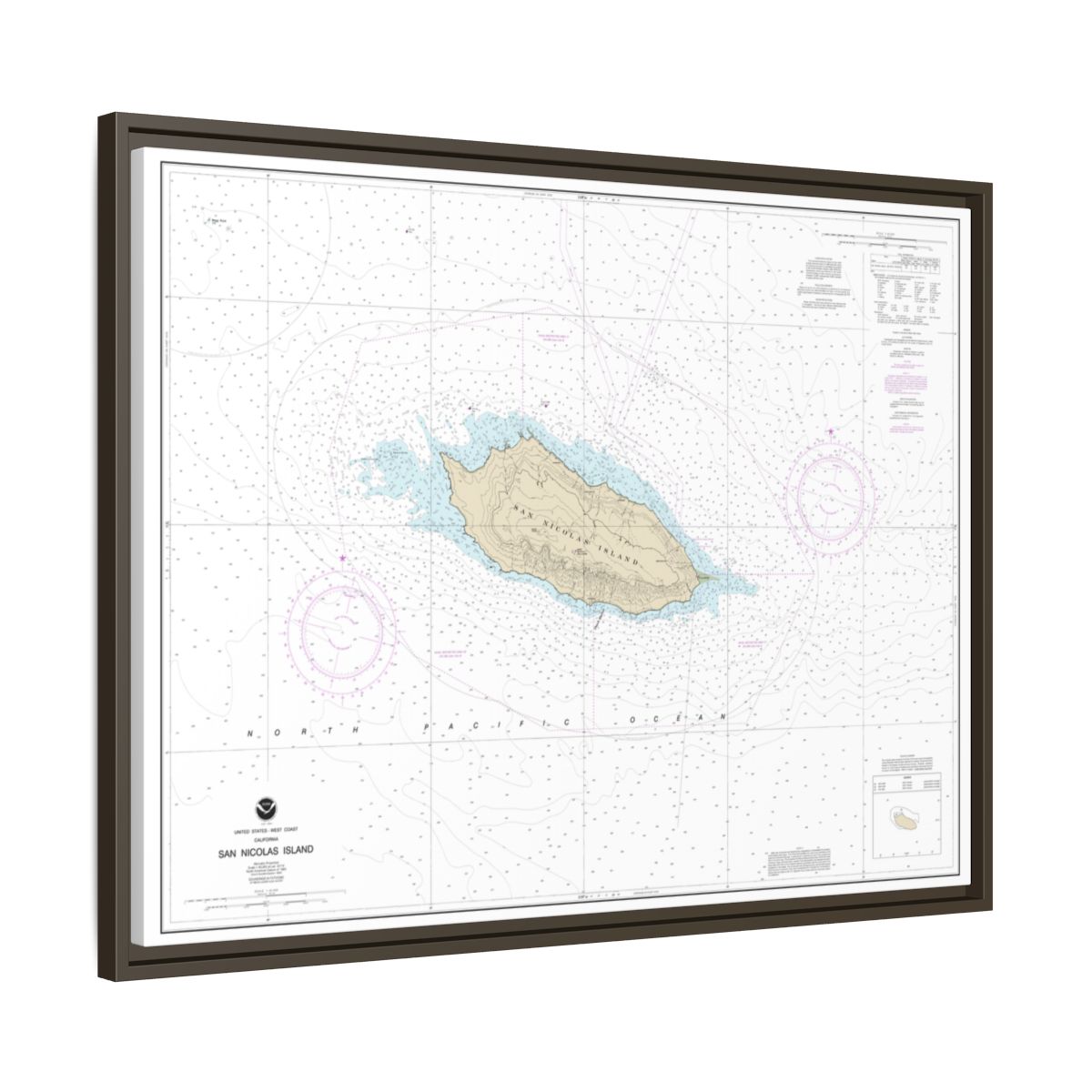 Chart 18755 San Nicolas Island - NOAA Nautical Chart Floating Frame Canvas | 32" x 24" | 40" x 30" - Espresso side