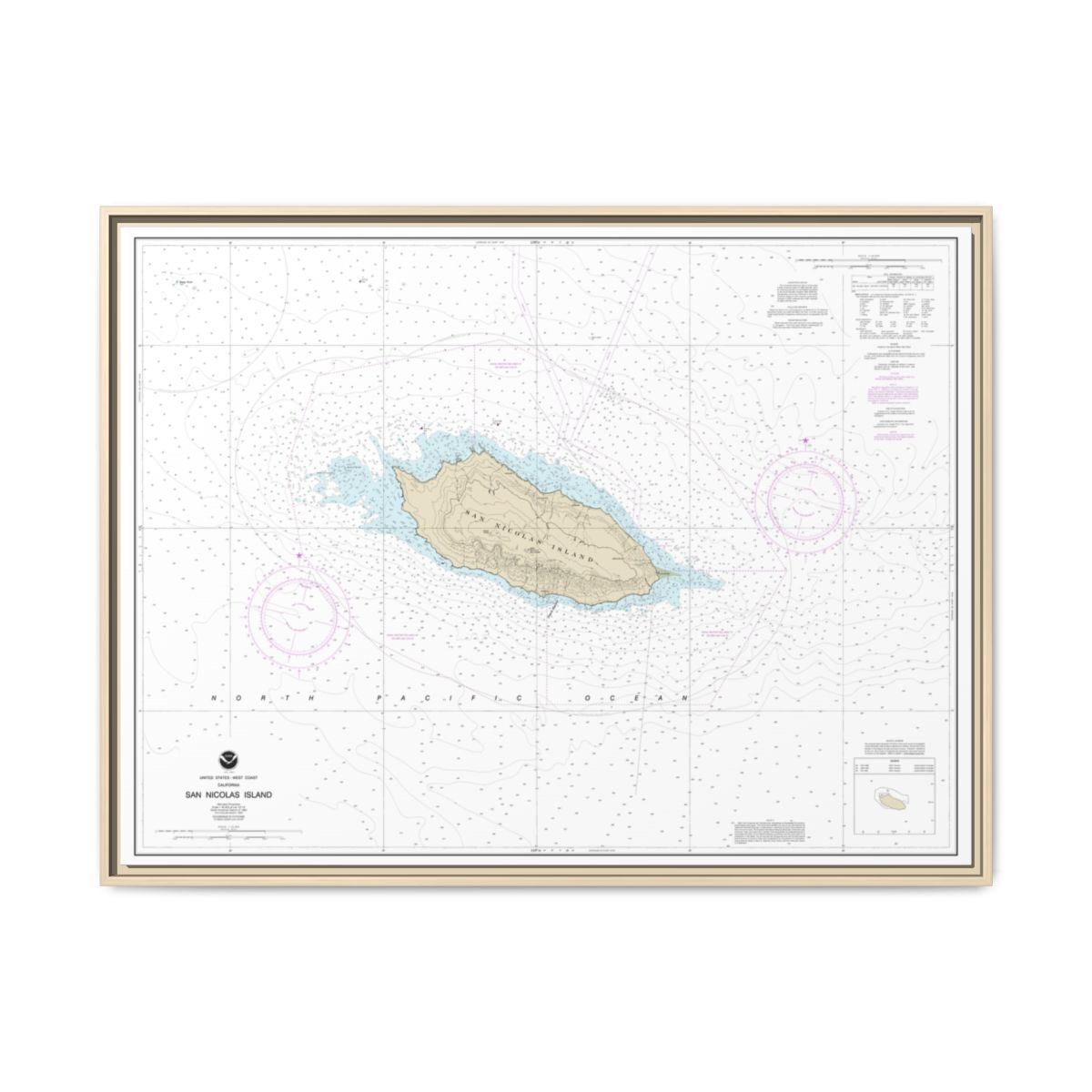 Chart 18755 San Nicolas Island - NOAA Nautical Chart Floating Frame Canvas | 32" x 24" | 40" x 30" - Natural front