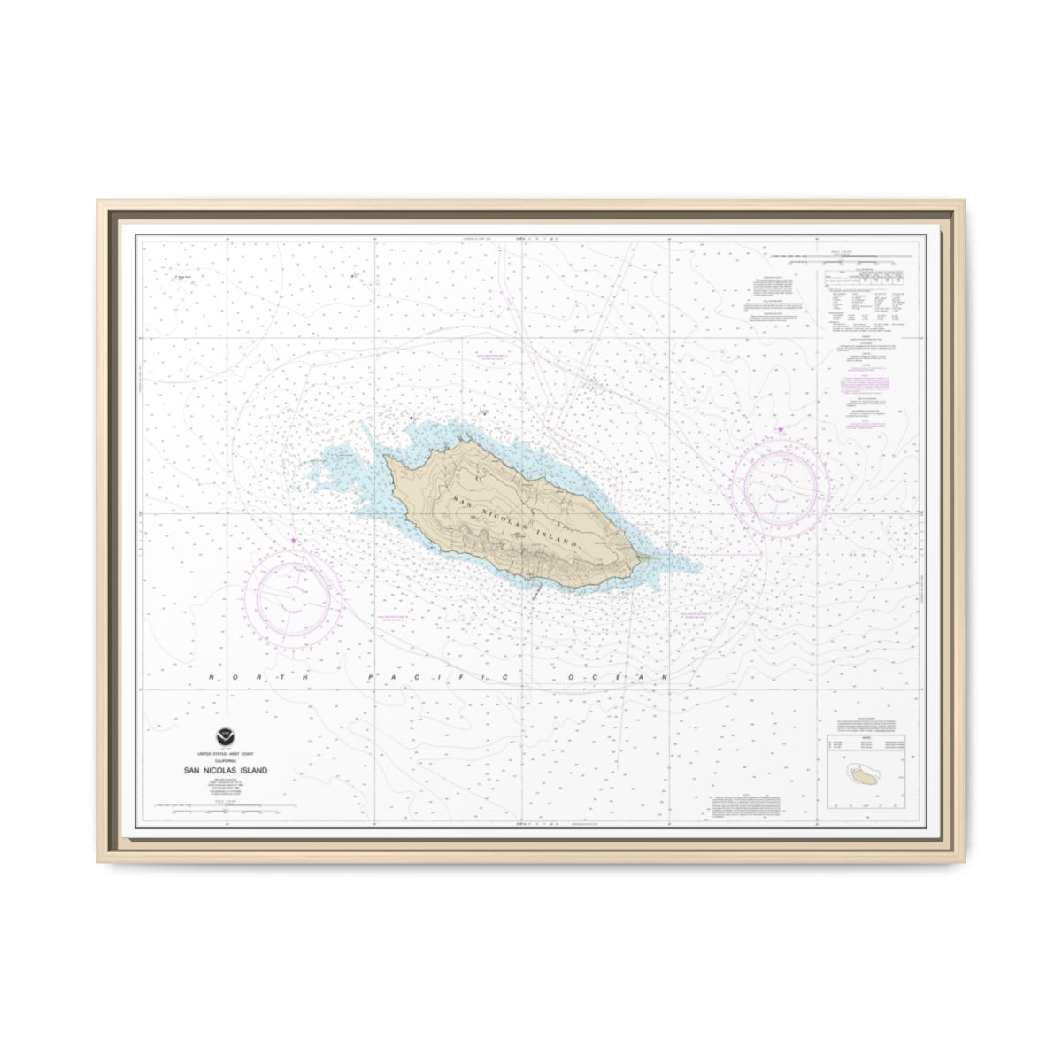 Chart 18755 San Nicolas Island - NOAA Nautical Chart Floating Frame Canvas | 32" x 24" | 40" x 30" - Natural front
