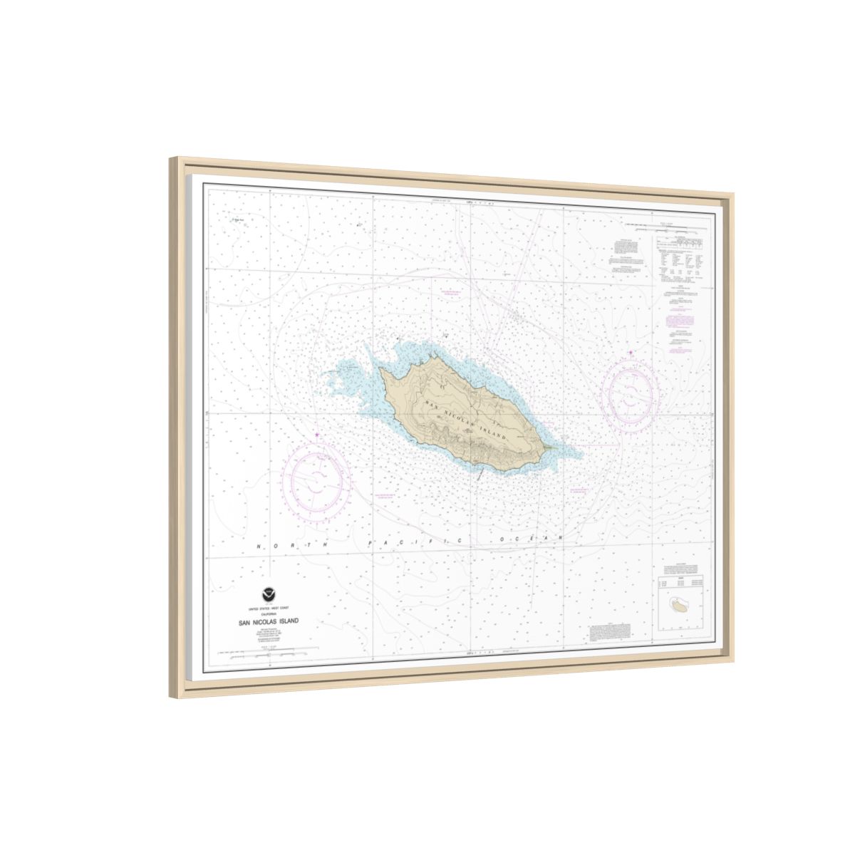 Chart 18755 San Nicolas Island - NOAA Nautical Chart Floating Frame Canvas | 32" x 24" | 40" x 30" - Natural side