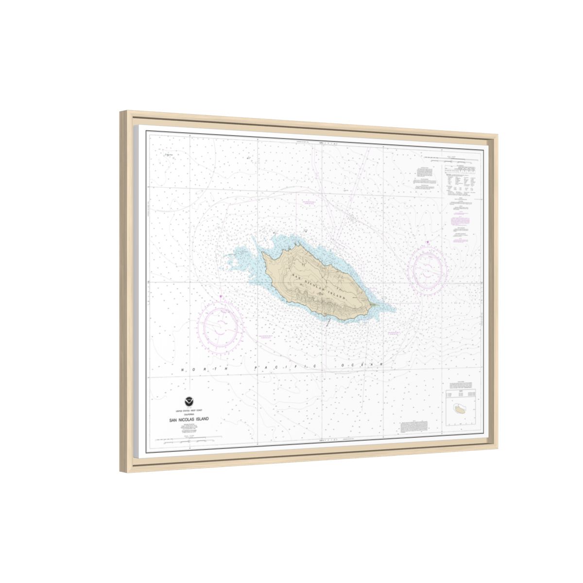 Chart 18755 San Nicolas Island - NOAA Nautical Chart Floating Frame Canvas | 32" x 24" | 40" x 30" - Natural side