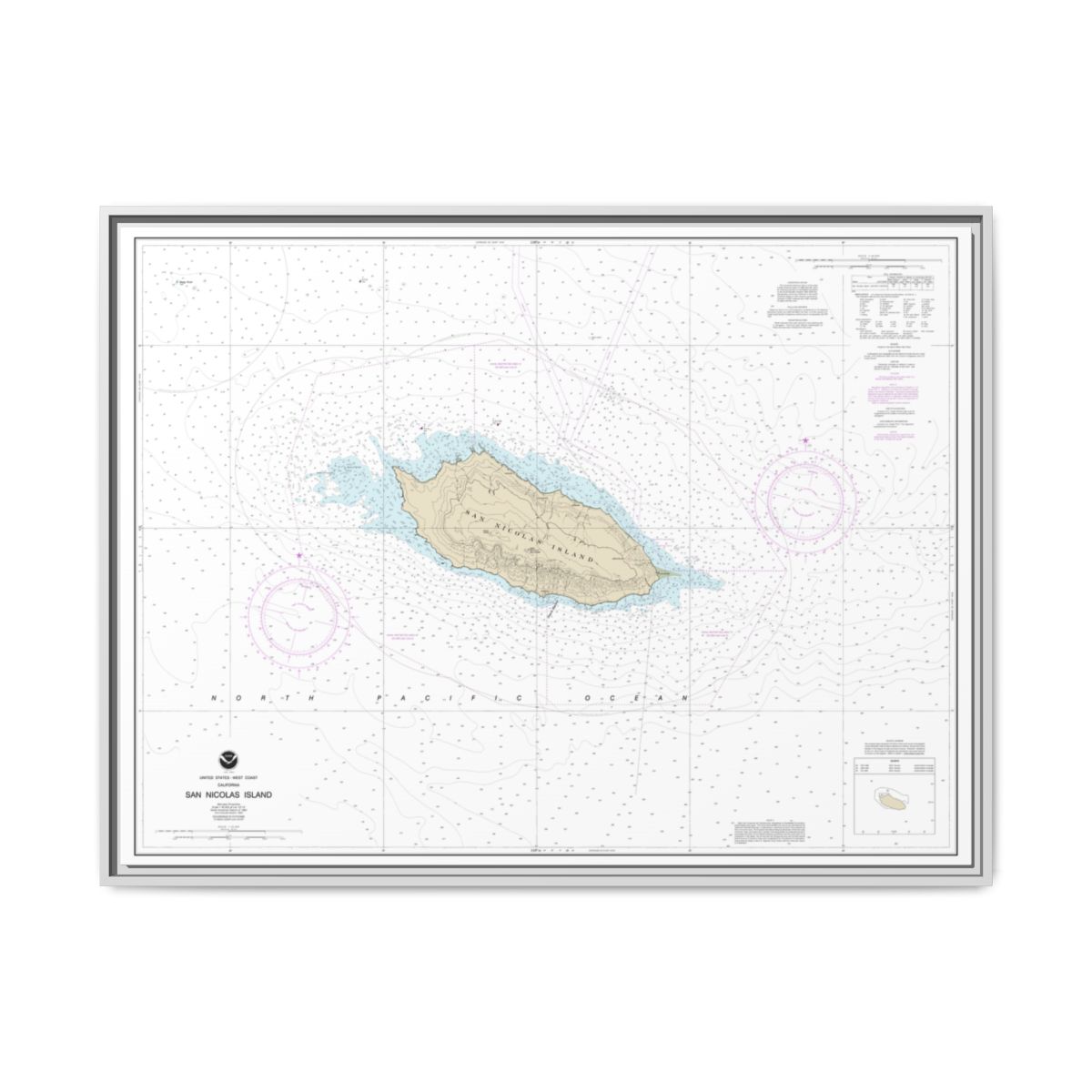 Chart 18755 San Nicolas Island - NOAA Nautical Chart Floating Frame Canvas | 32" x 24" | 40" x 30" - White front