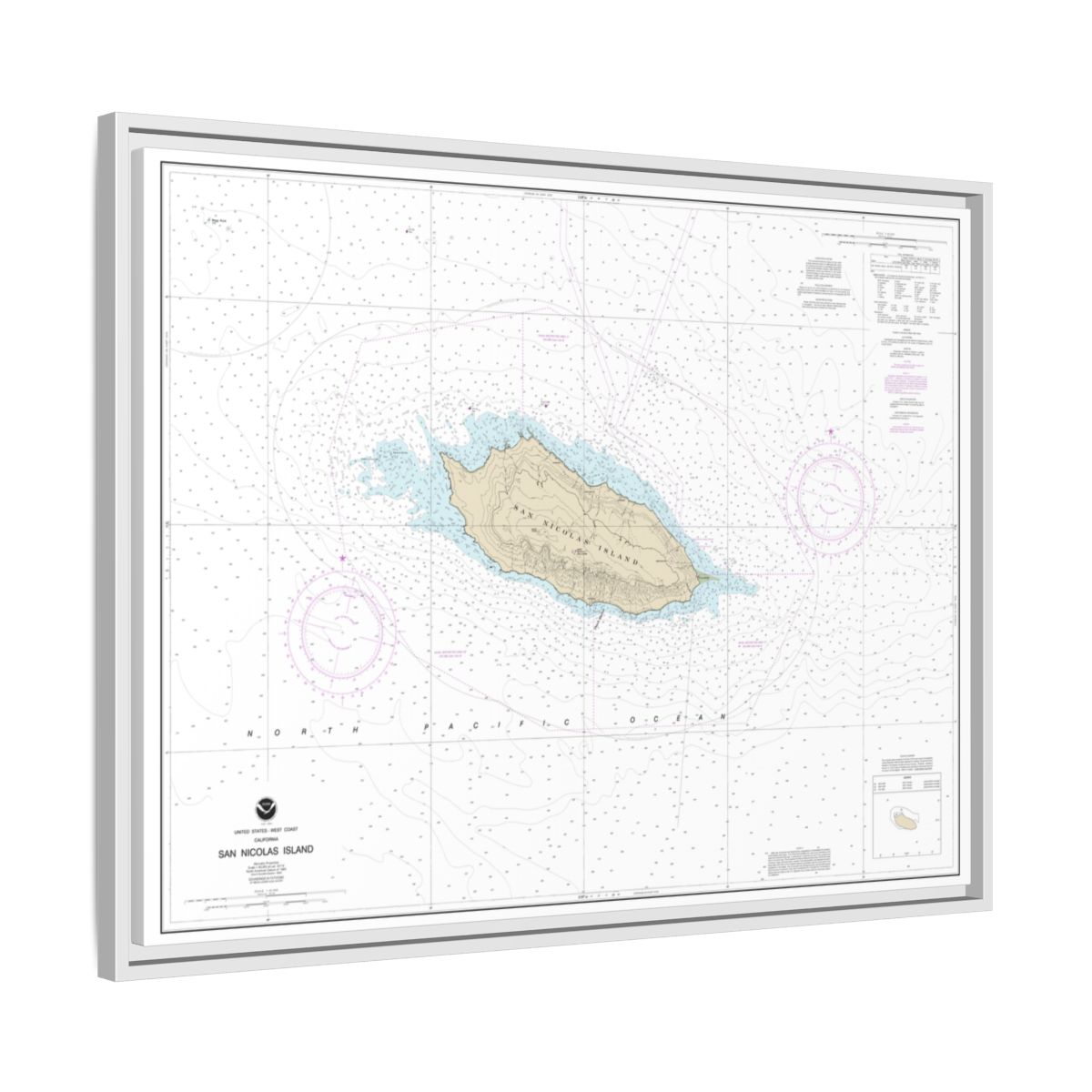 Chart 18755 San Nicolas Island - NOAA Nautical Chart Floating Frame Canvas | 32" x 24" | 40" x 30" - White side