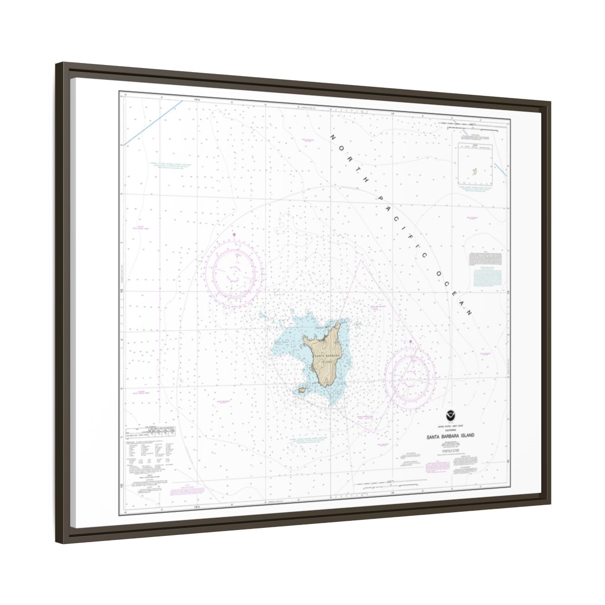 Chart 18756 Santa Barbara Island - NOAA Nautical Chart Floating Frame Canvas | 32" x 24" | 40" x 30" - Espresso side