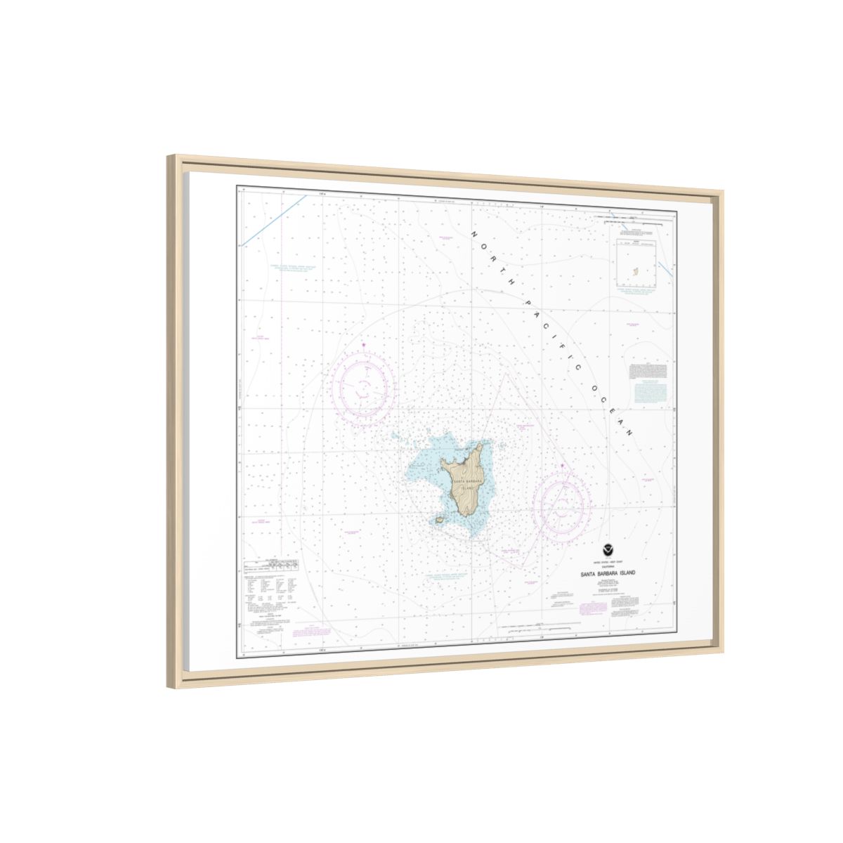 Chart 18756 Santa Barbara Island - NOAA Nautical Chart Floating Frame Canvas | 32" x 24" | 40" x 30" - Natural side